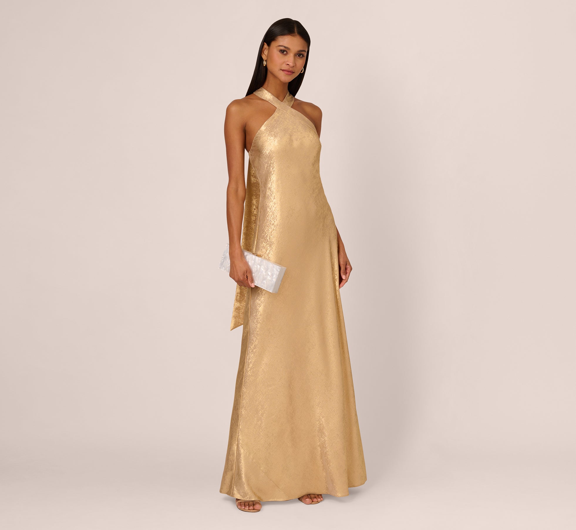 Foiled Mermaid Gown With Halter Neckline In Light Gold、mySite、solidvoid
