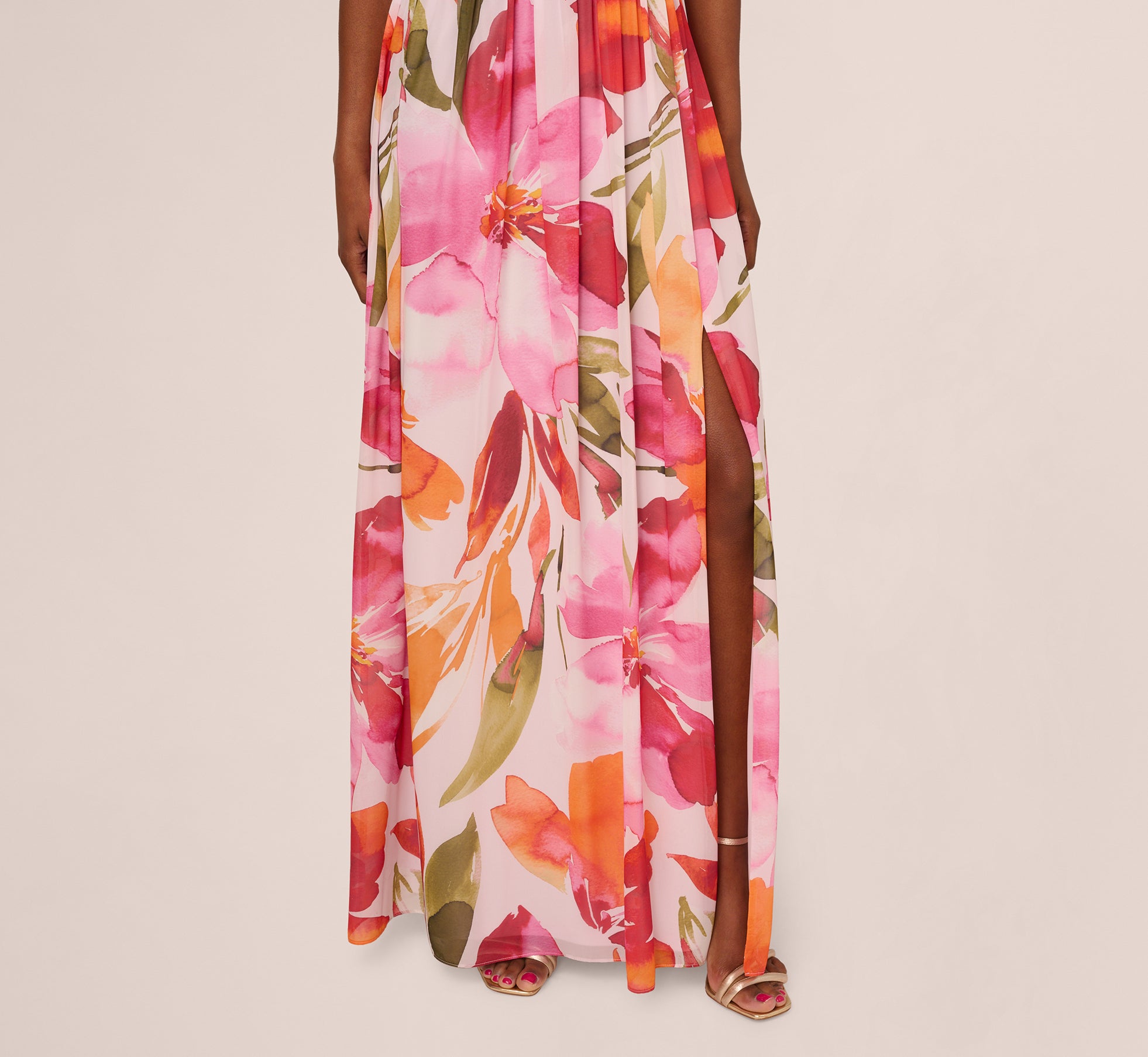 Sleeveless Surplice Floral Chiffon Gown In Pink Orange Multi、mySite、solidvoid