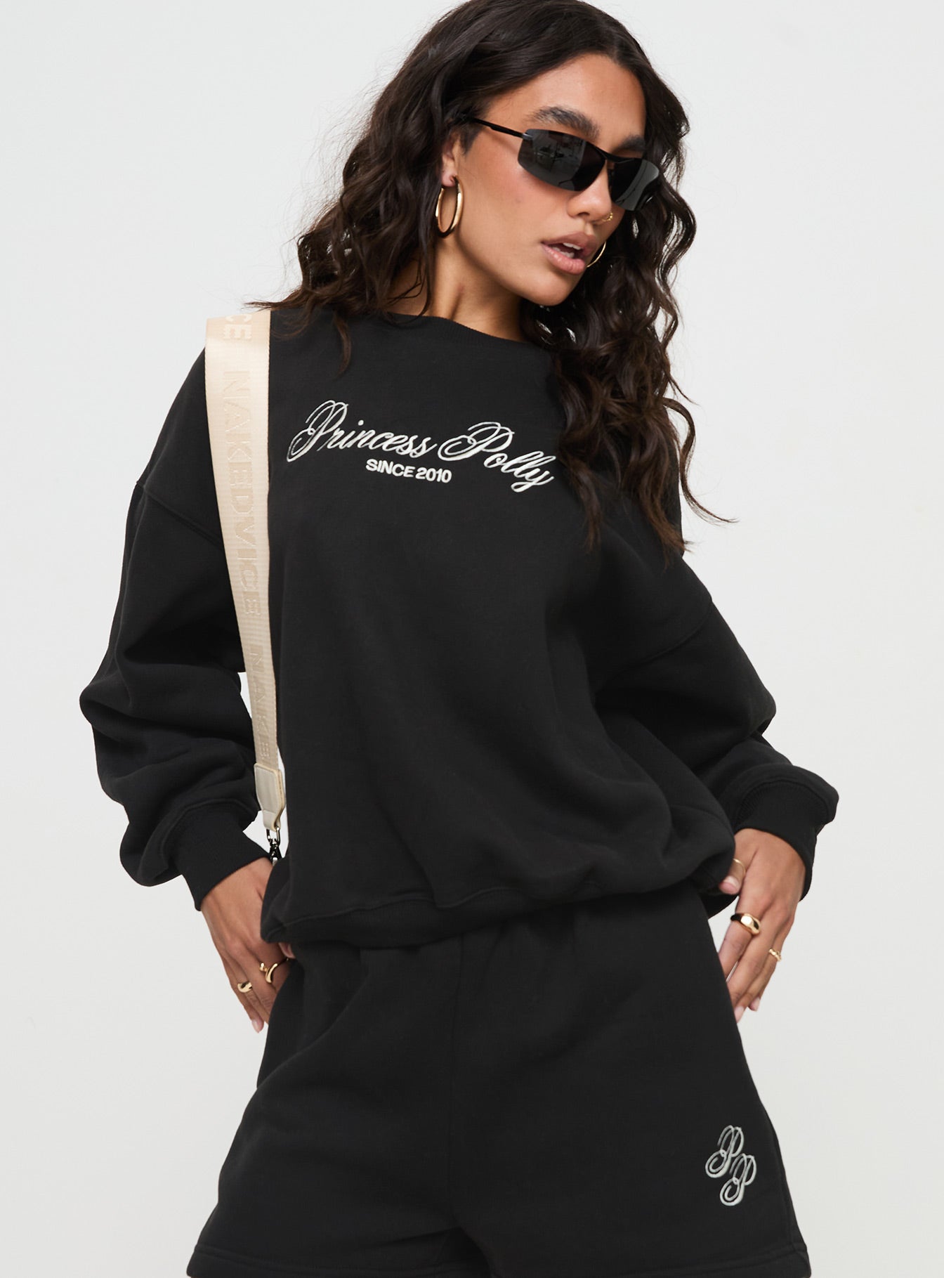 Princess Polly Crew Neck Sweatshirt Cursive Text Black Sand、mySite、solidvoid