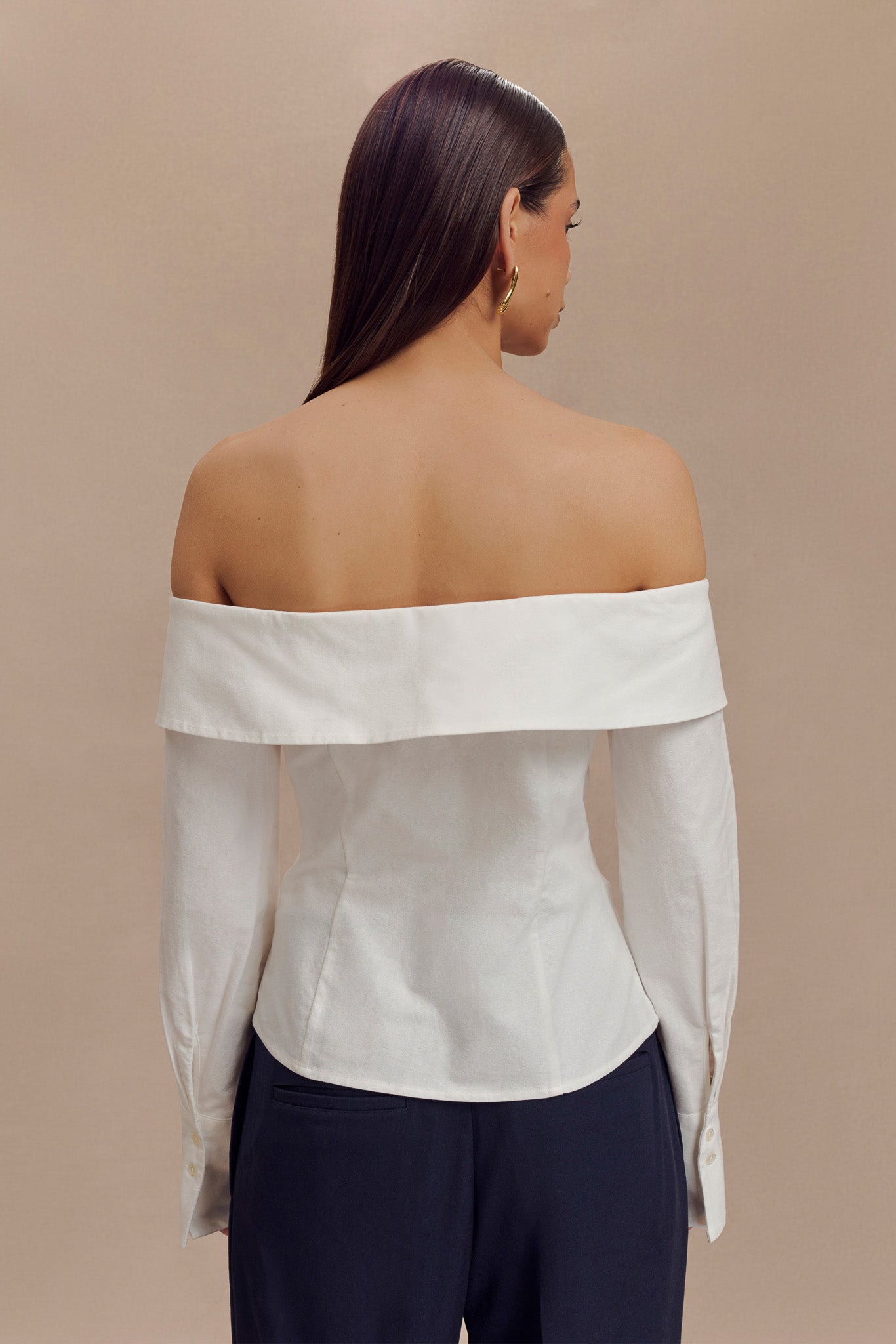 Spencer Off Shoulder Shirting Top - White、mySite、solidvoid