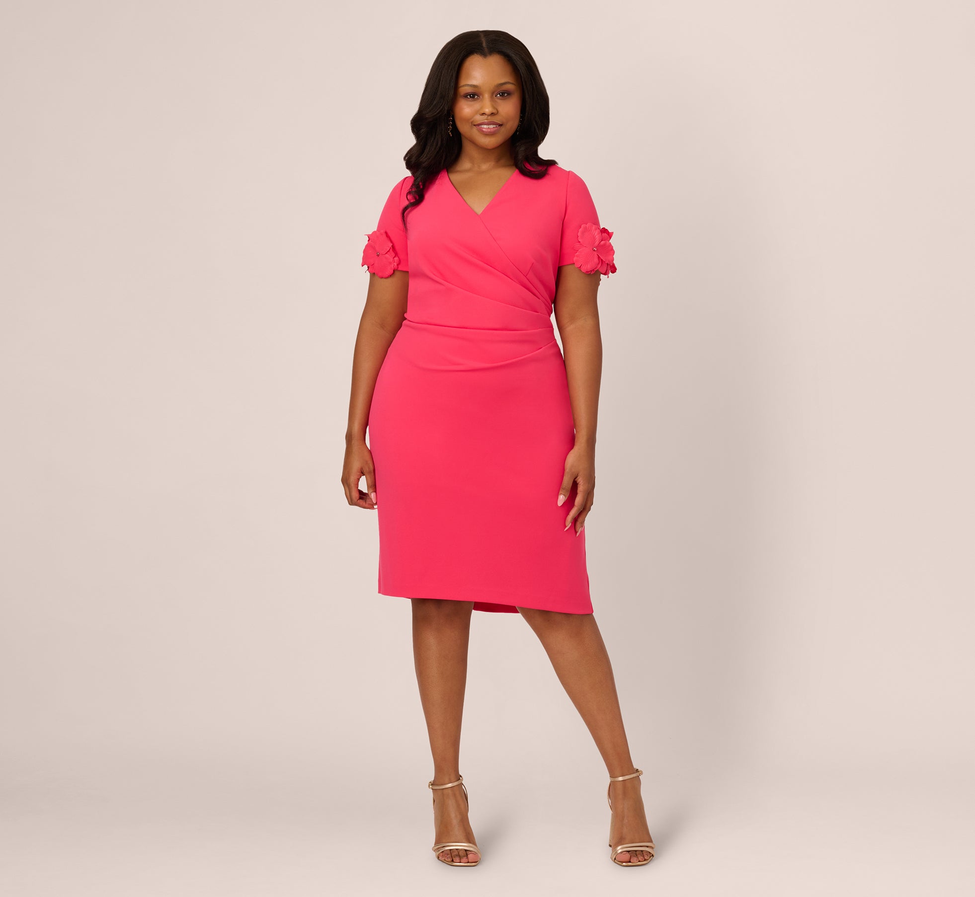 Plus Size Crepe Faux Wrap Sheath Dress With Floral Accent Short Sleeves In Petunia、mySite、solidvoid