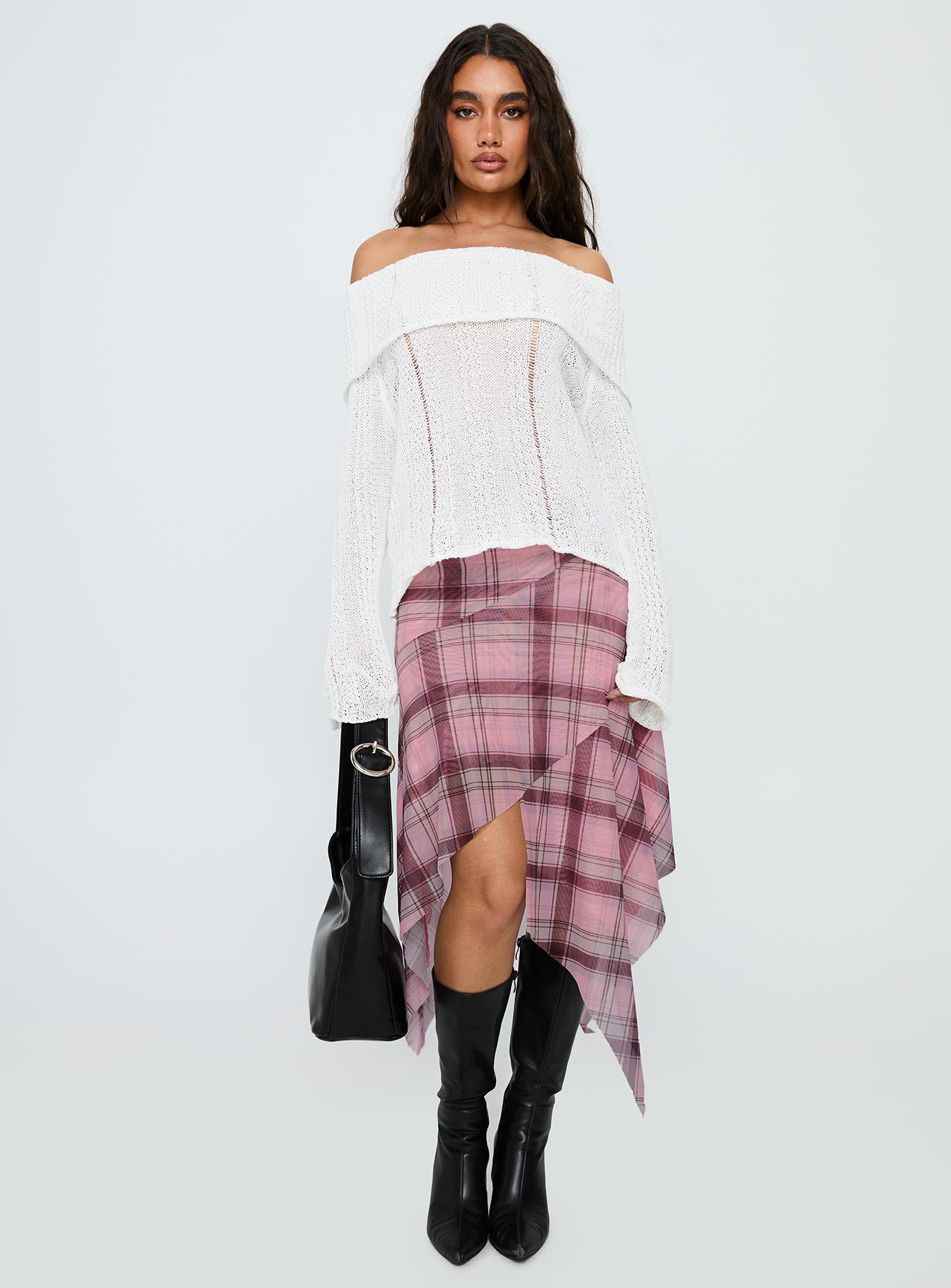 Anali Asymmetrical Midi Skirt Pink / Multi Check、mySite、solidvoid