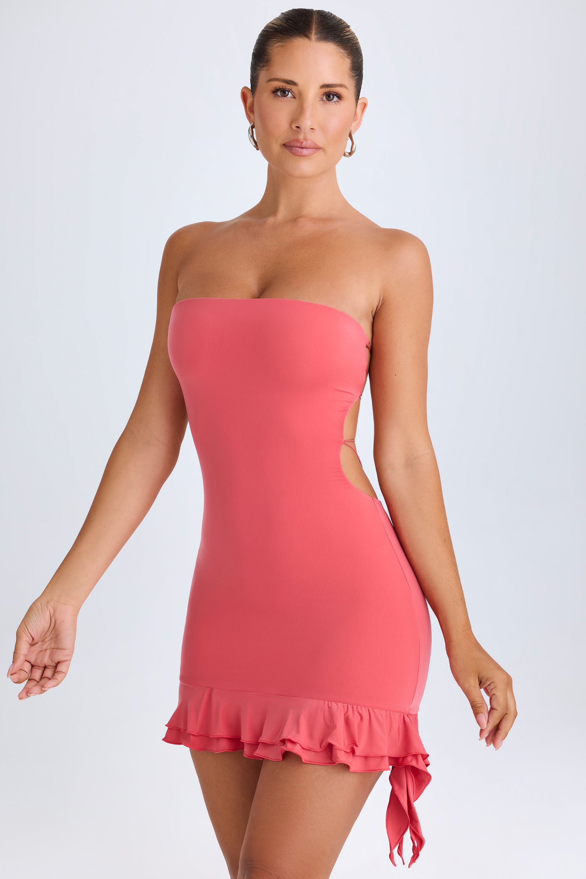 Ruffle-Trim Cut-Out Bandeau Mini Dress in Coral、mySite、solidvoid