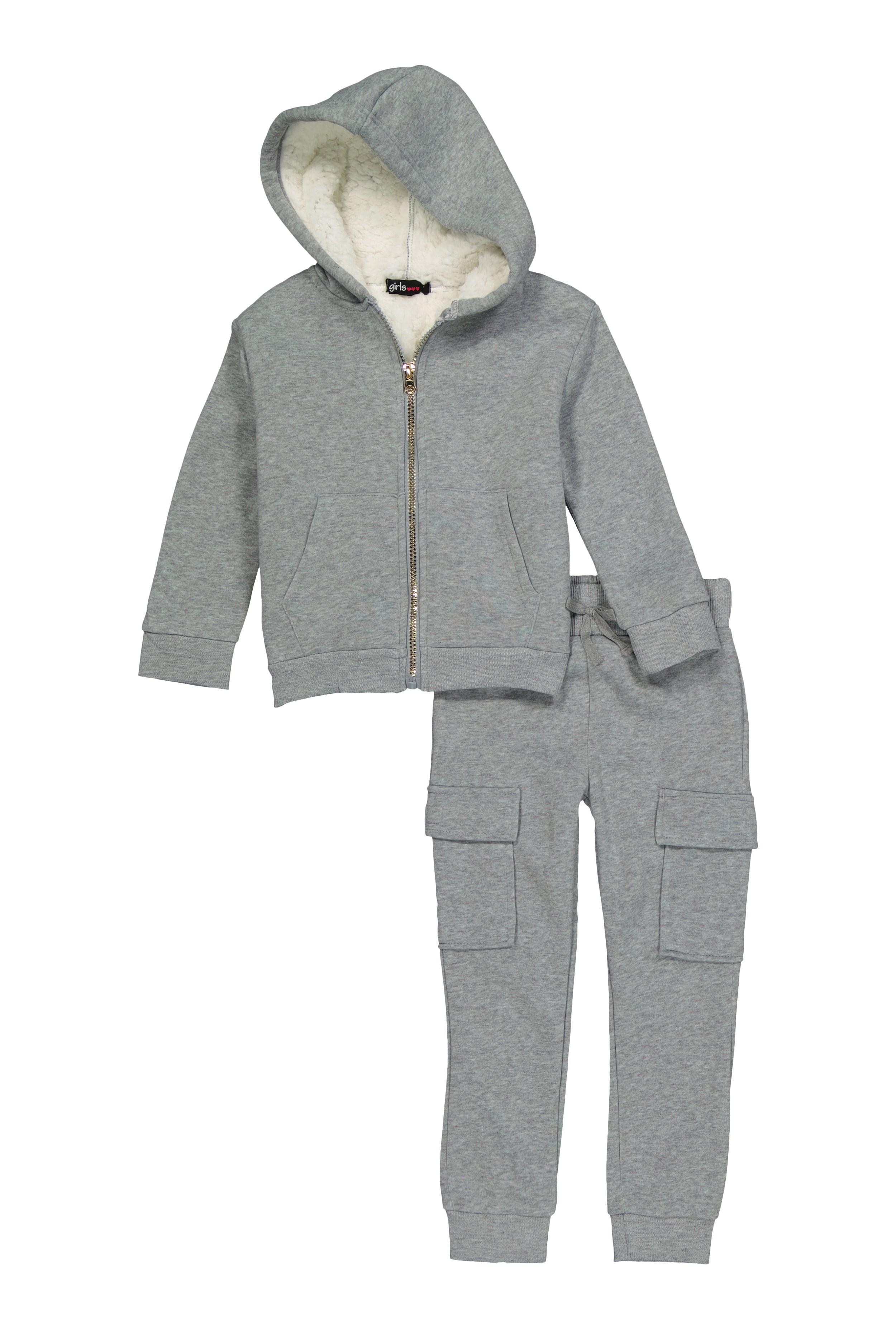 Little Girls Sherpa Lined Zip Front Hoodie and Cargo Joggers、mySite、camillekostekn