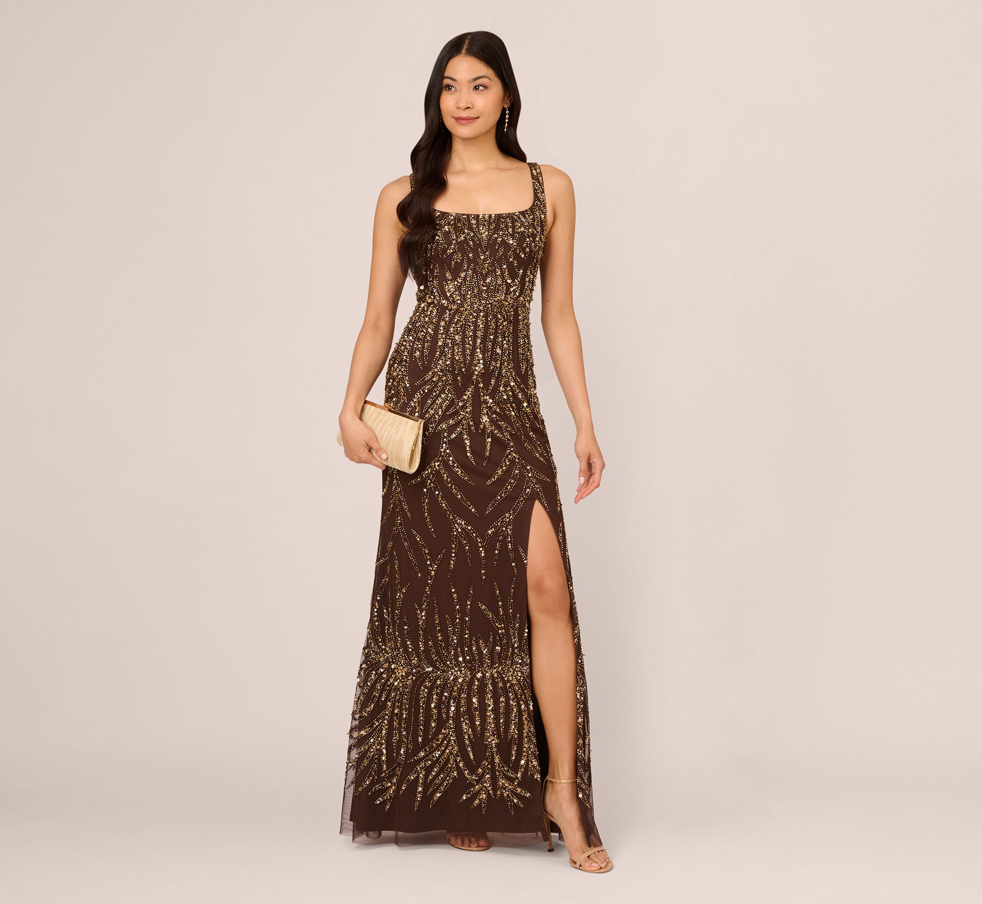 Sleeveless Beaded Mermaid Gown With Square Neckline In Chocolate、mySite、solidvoid