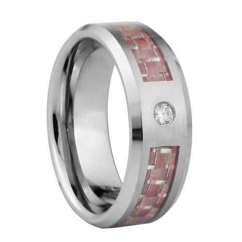 Tungsten ring with red Fiber inlay and CZ stone - 8mm wide、mySite、topwebapps