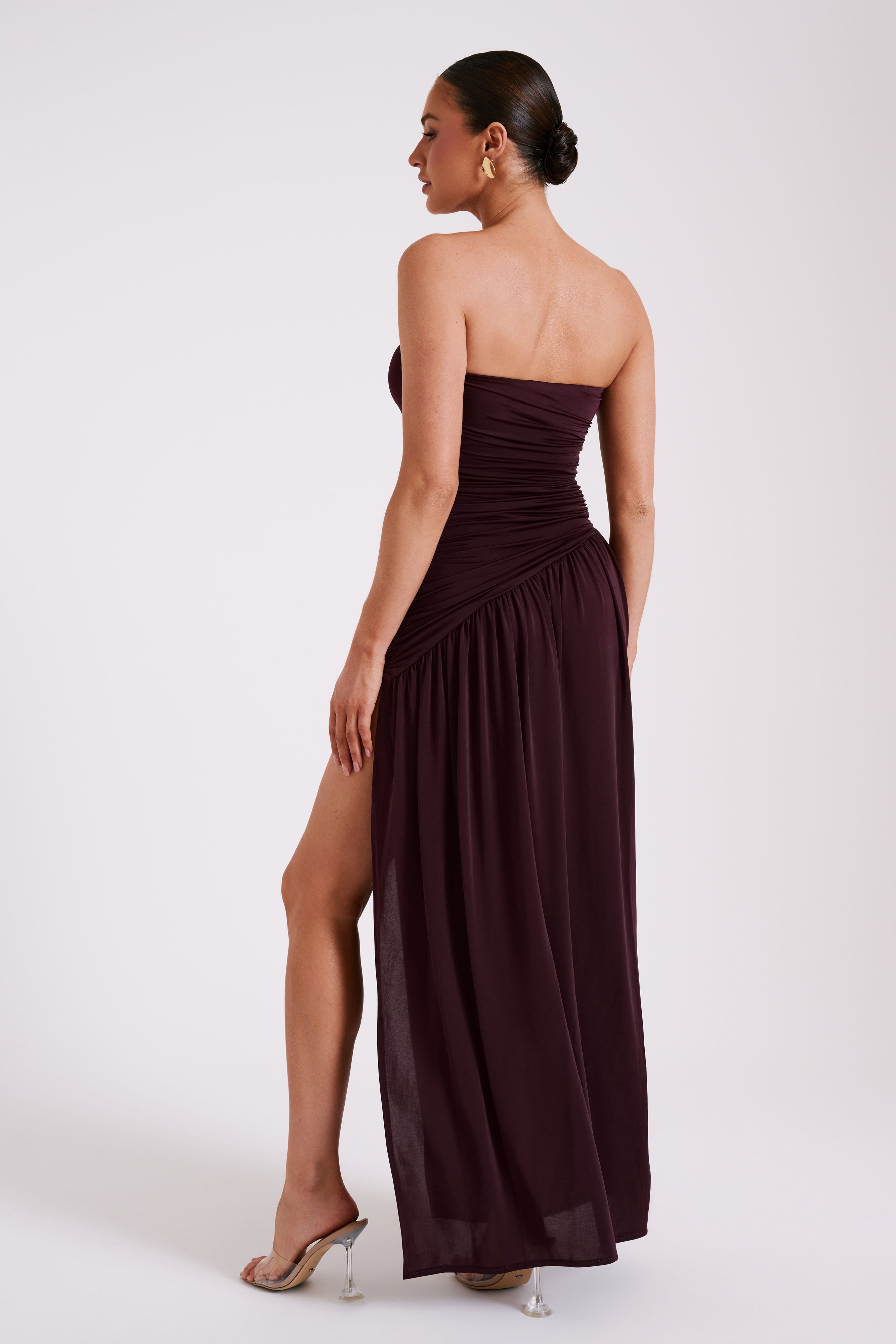 Bex Strapless Slinky Maxi Dress With Split - Burgundy、mySite、solidvoid