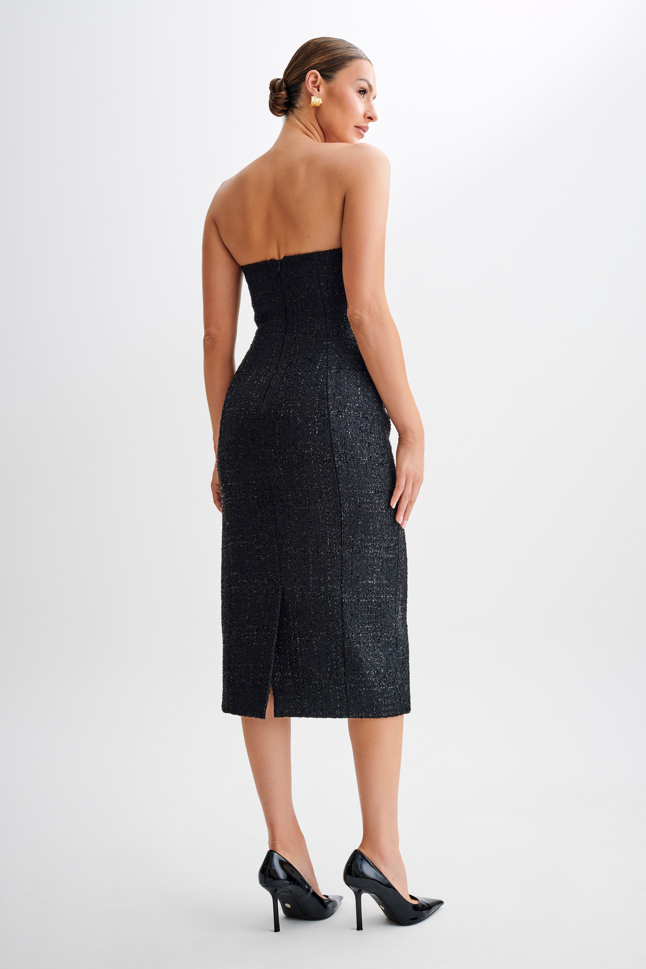Monet Tweed Strapless Midi Dress - Black、mySite、solidvoid