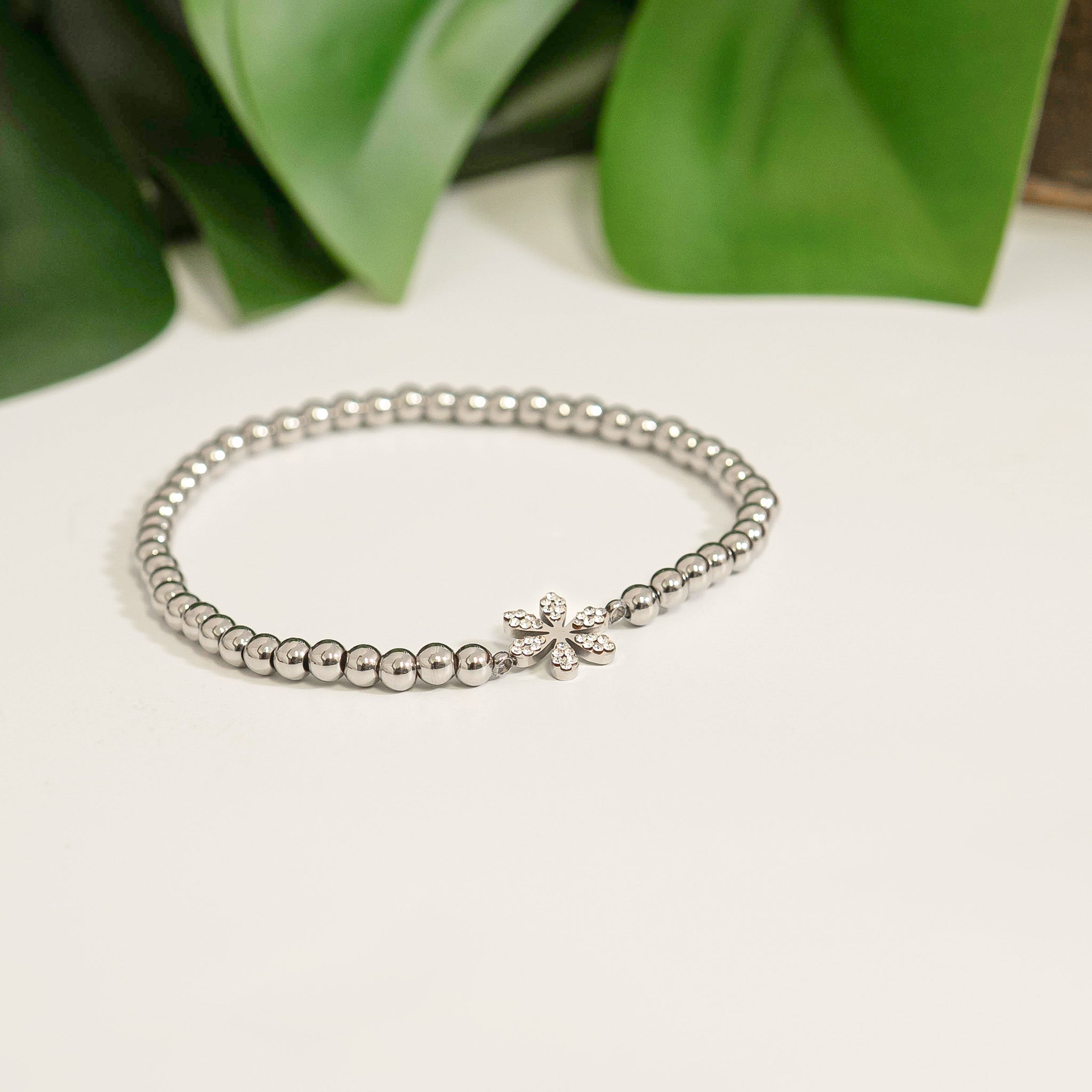 18K Gold PVD Stainless Steel Stone Flower Metal Beaded Stretch Bracelet / BRJ1020、mySite、dreamappss