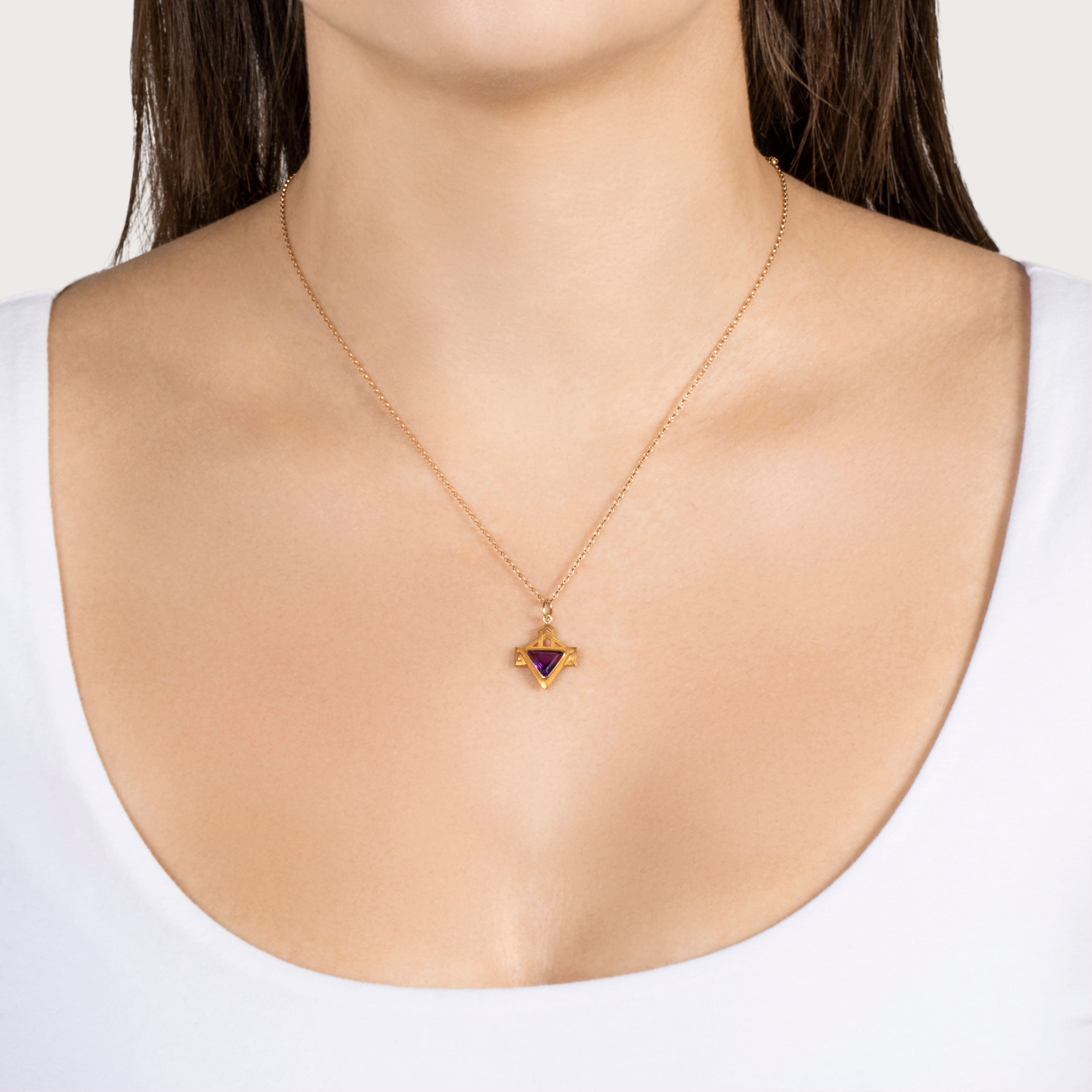 Antique Art Deco 14k Yellow Gold Trilliant Cut Amethyst Satin Finish Pendant、mySite、hinf8tx79