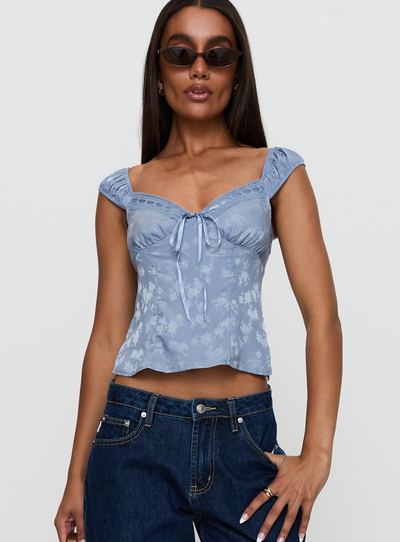 Branwen Cap Sleeve Tie Detail Top Blue Floral、mySite、solidvoid