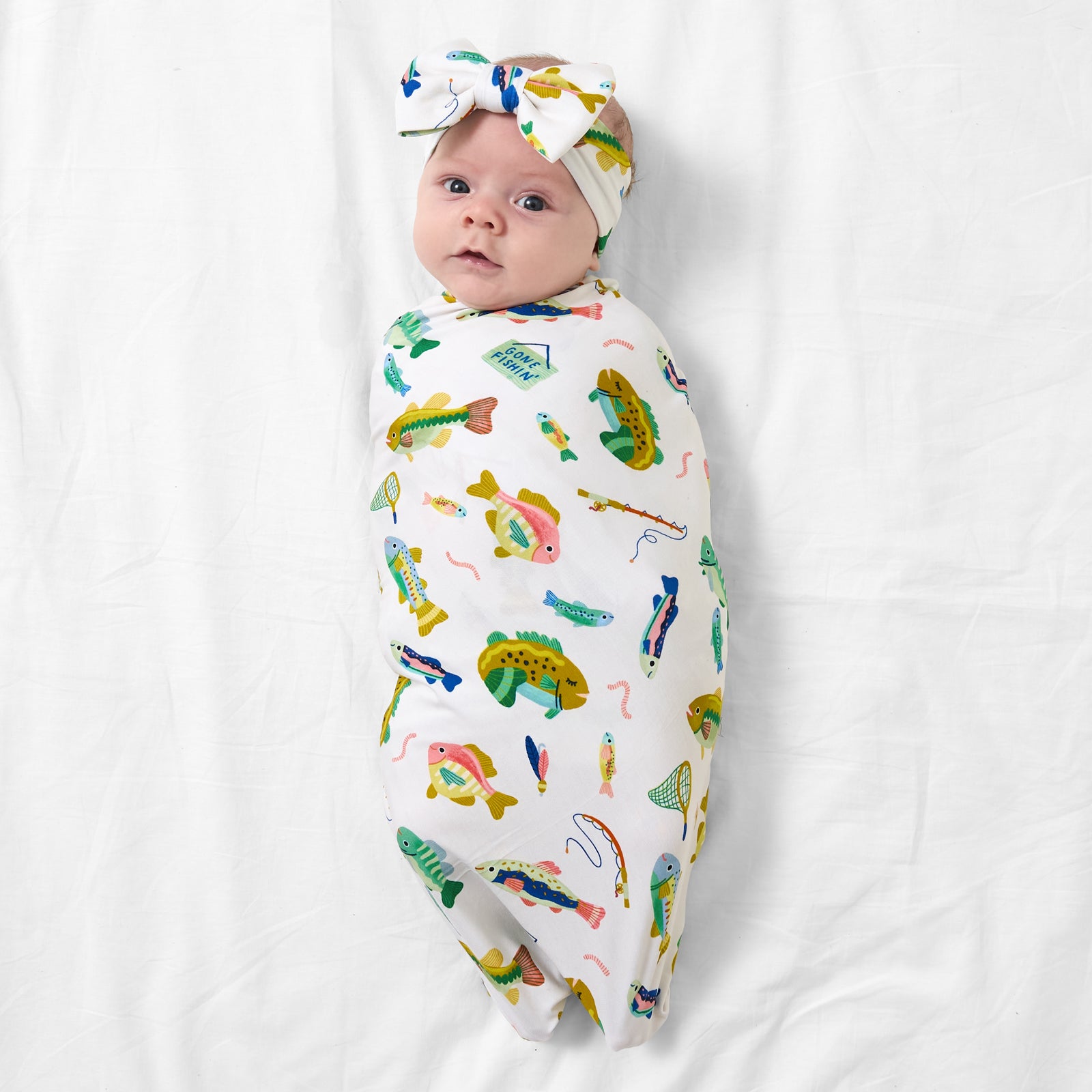 Gone Fishin' Swaddle & Luxe Bow Headband Set、mySite、g9winljtr