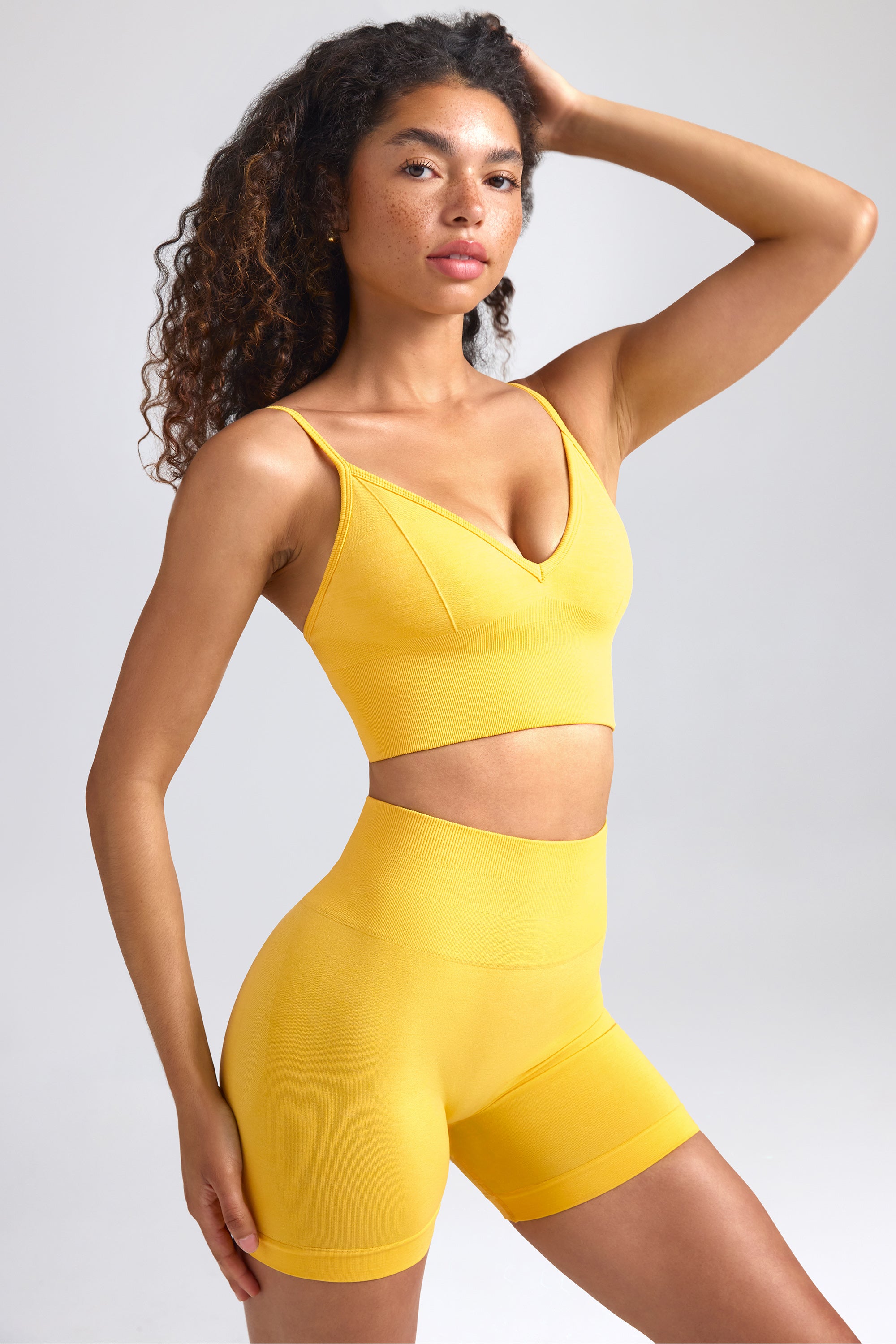 Define Luxe V-Neck Sports Bra in Golden Yellow、mySite、solidvoid