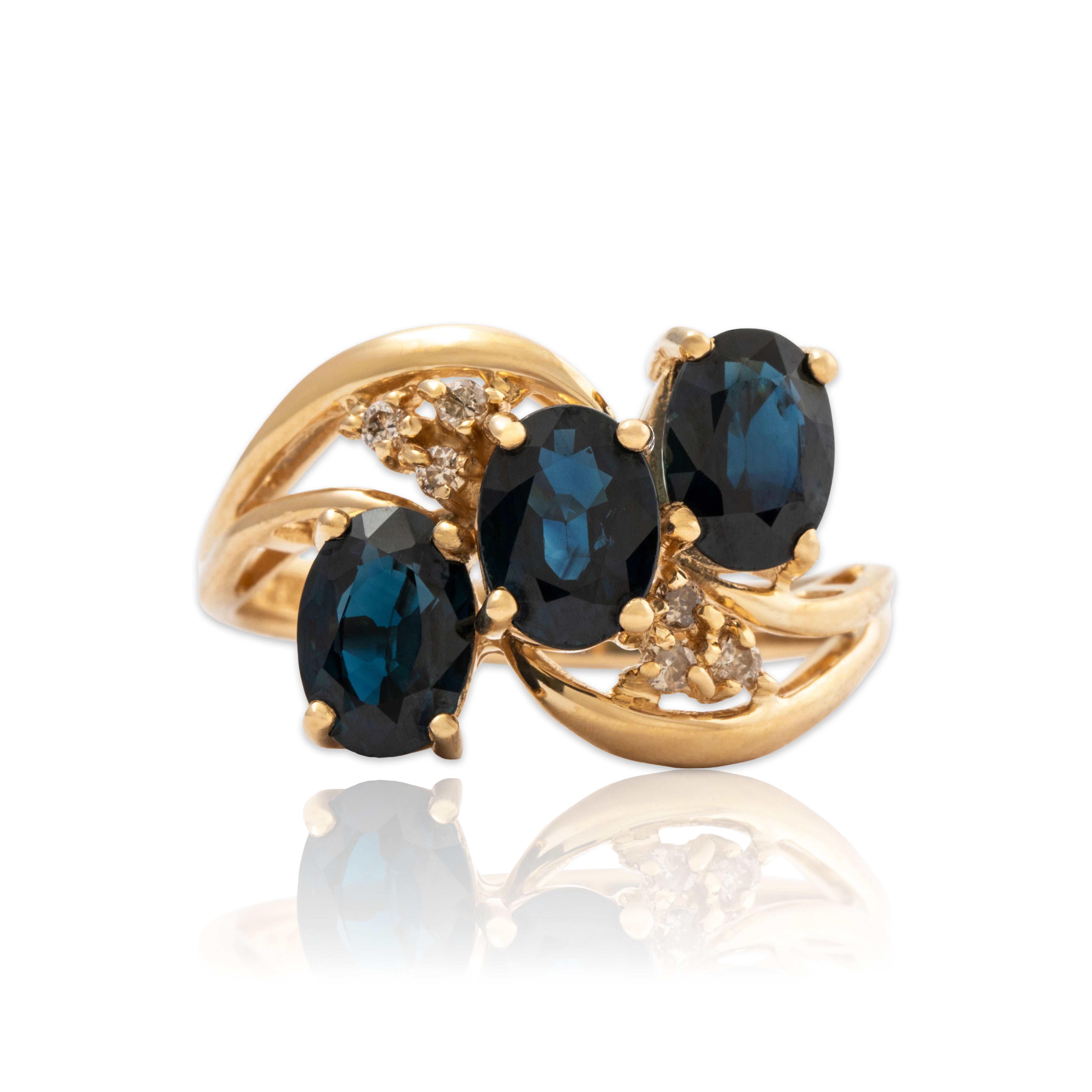 Vintage 14k Yellow Gold 2.8cttw Blue Sapphire Diamond Bypass Trio Ring 7.00、mySite、hinf8tx79