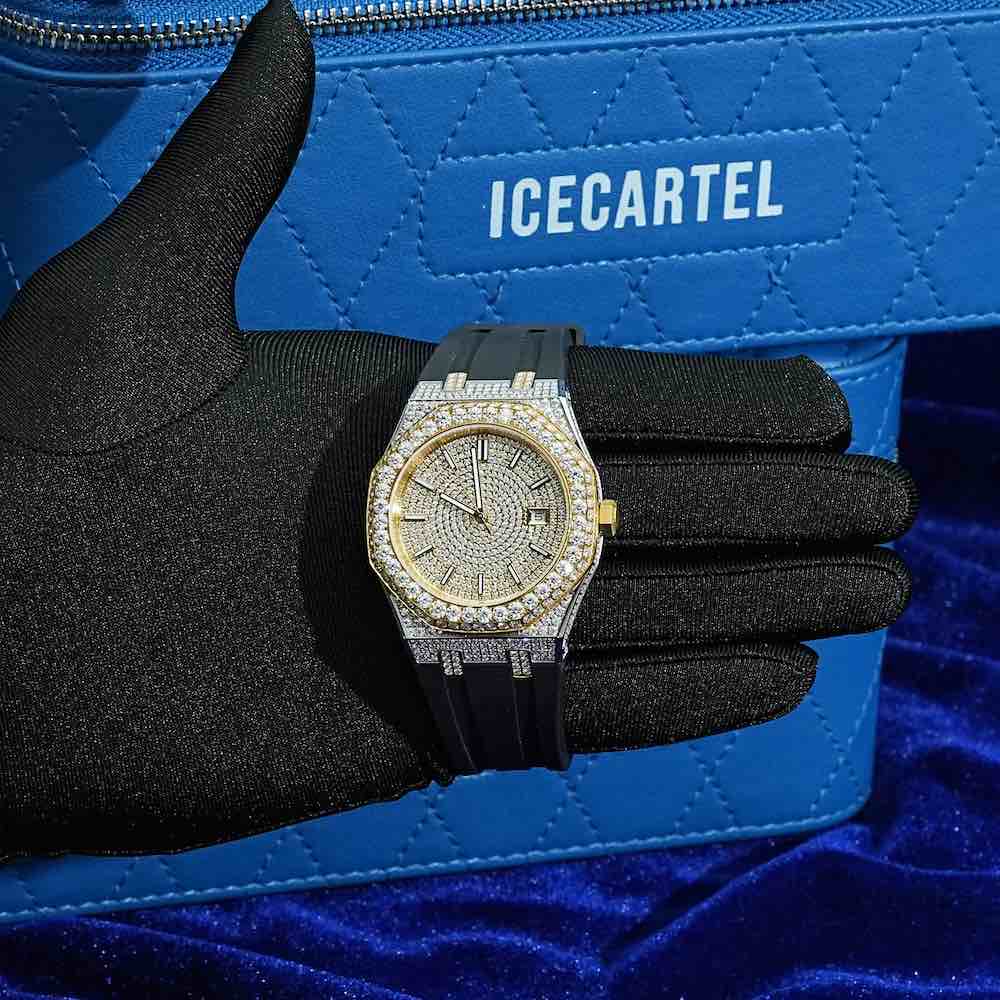 Moissanite Iced Out Silicone Band Watch | 13.5CT | 14K Yellow Gold、mySite、hinf8tx79