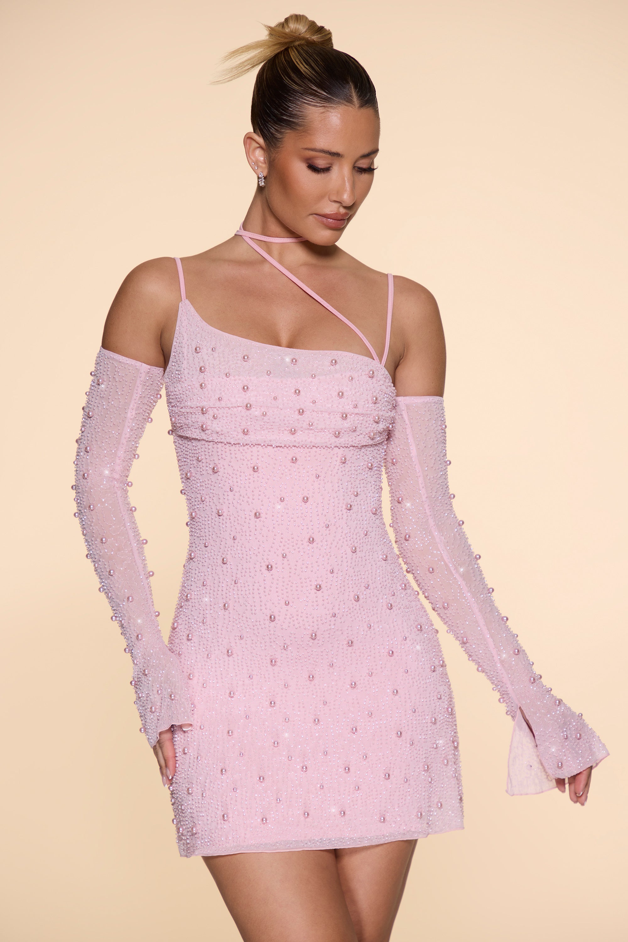 Embellished Asymmetric Corset Mini Dress in Blush、mySite、solidvoid