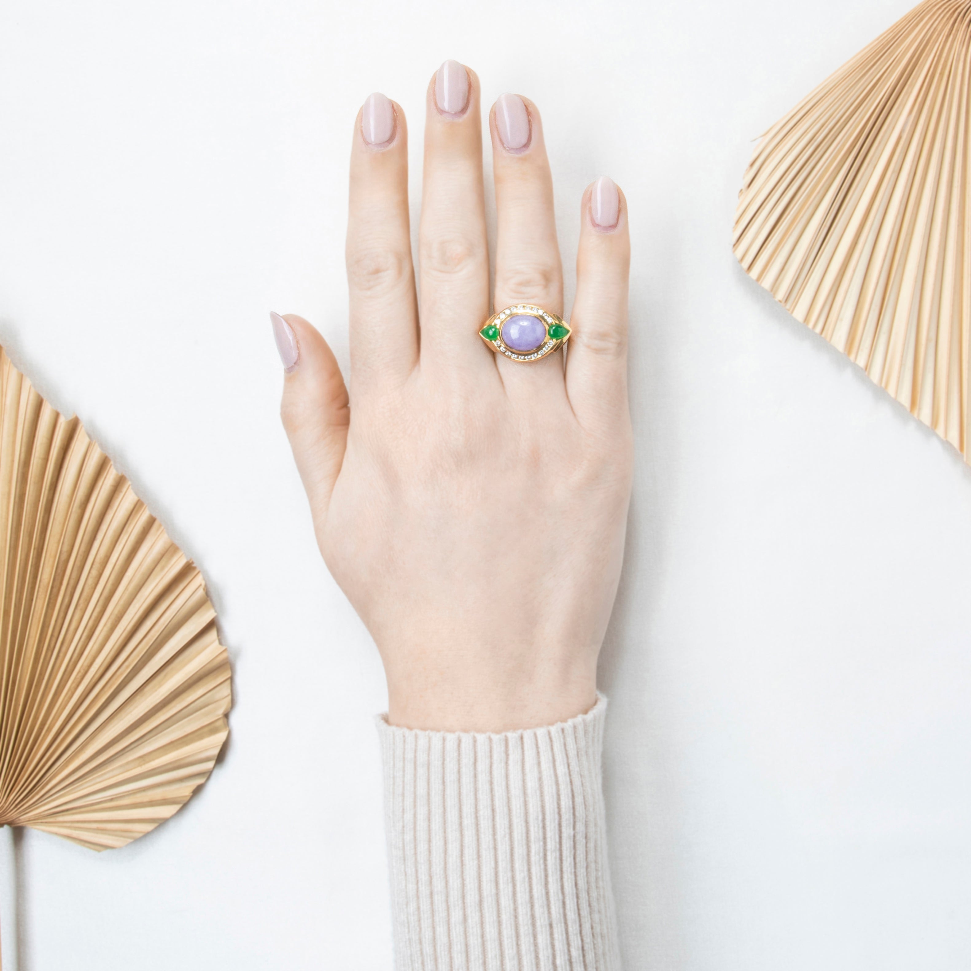 Vintage Heavy 18k Yellow Gold 4.52ct Lavender & Green Jade .32cttw Diamond Ring、mySite、hinf8tx79
