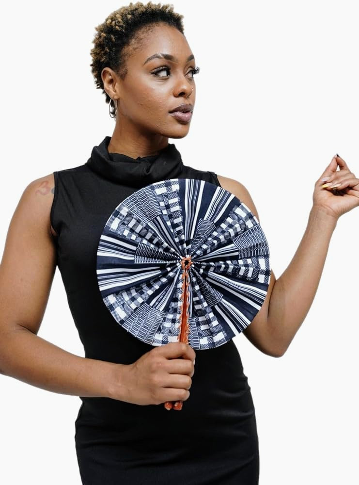 Dupsie's Koumadi Foldable Black and White African Print Ankara Kente Fan DPPFB0795、mySite、solidvoid