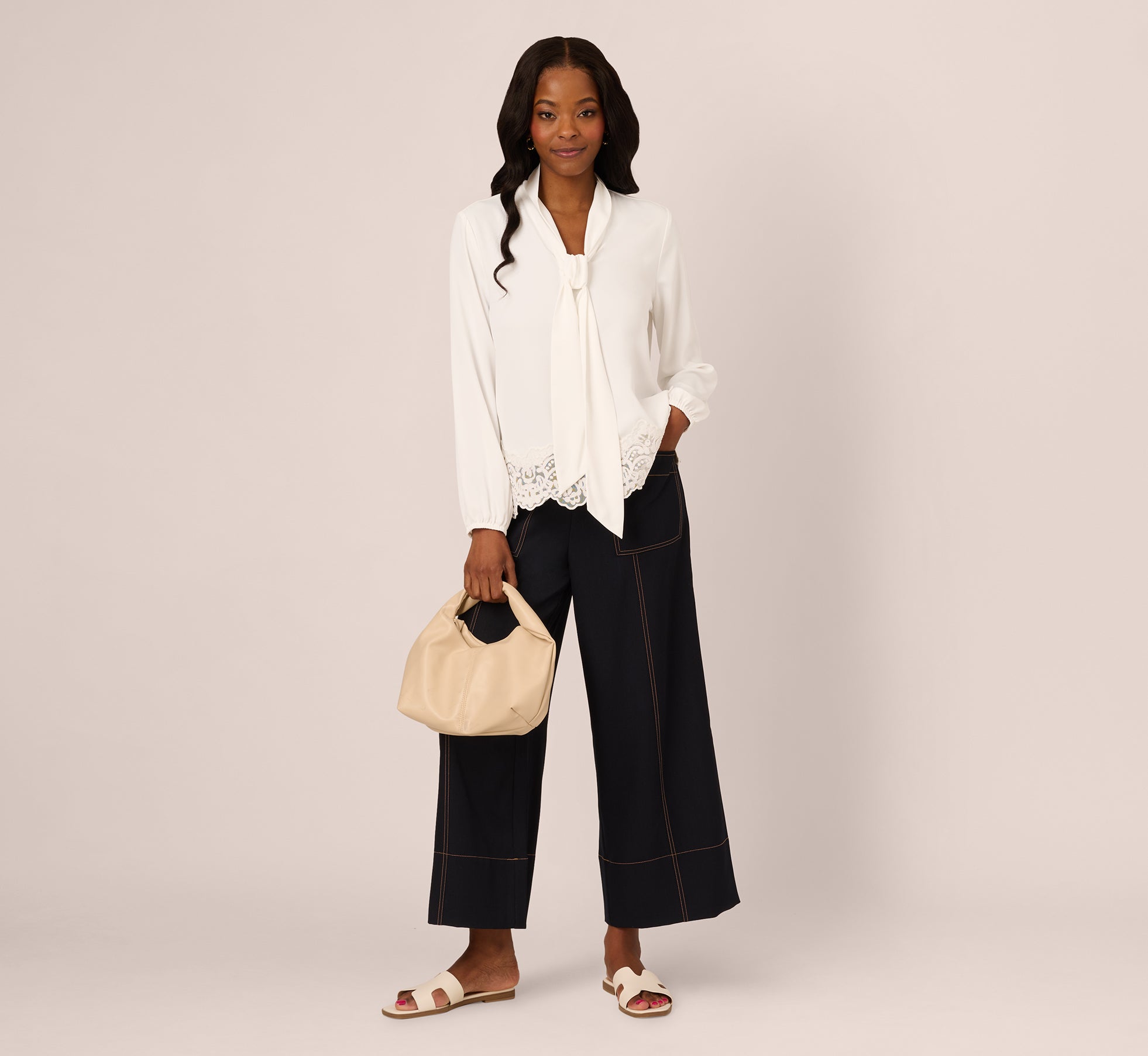 Lace Hem Tie Neck Blouse In Ivory、mySite、solidvoid