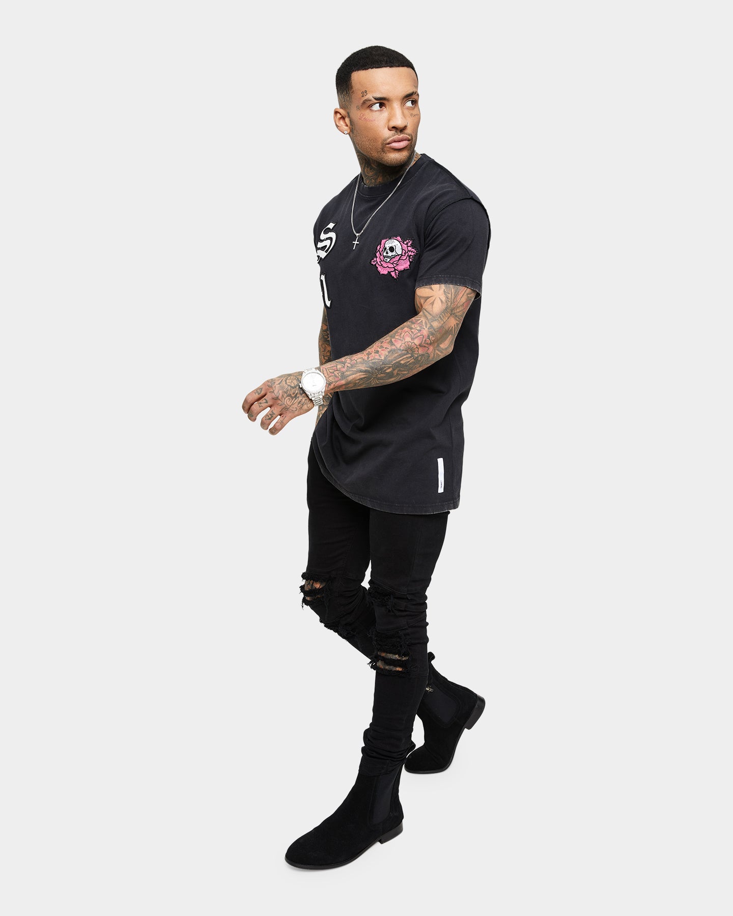 Saint Morta Skull Flower Lafayette T-Shirt Vintage Black、mySite、zt4zffjzw