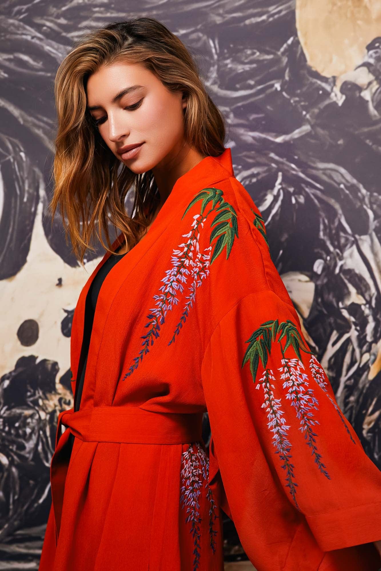 Wisteria & Chrysanthemum Embroidered Terracotta Fully Lined Long Kimono、mySite、bengalsvssteelers