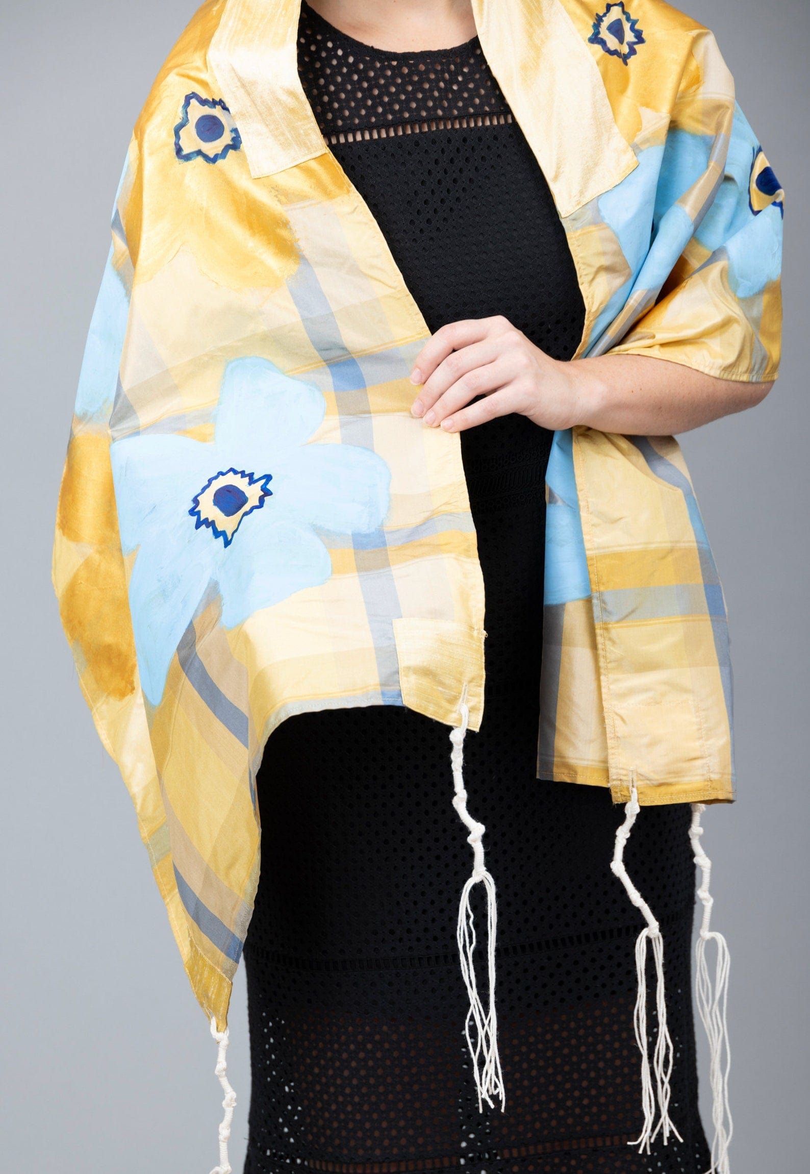 Blue and Gold Silk Plaid Tallit with Hand-Painted Flowers、mySite、topwebapps