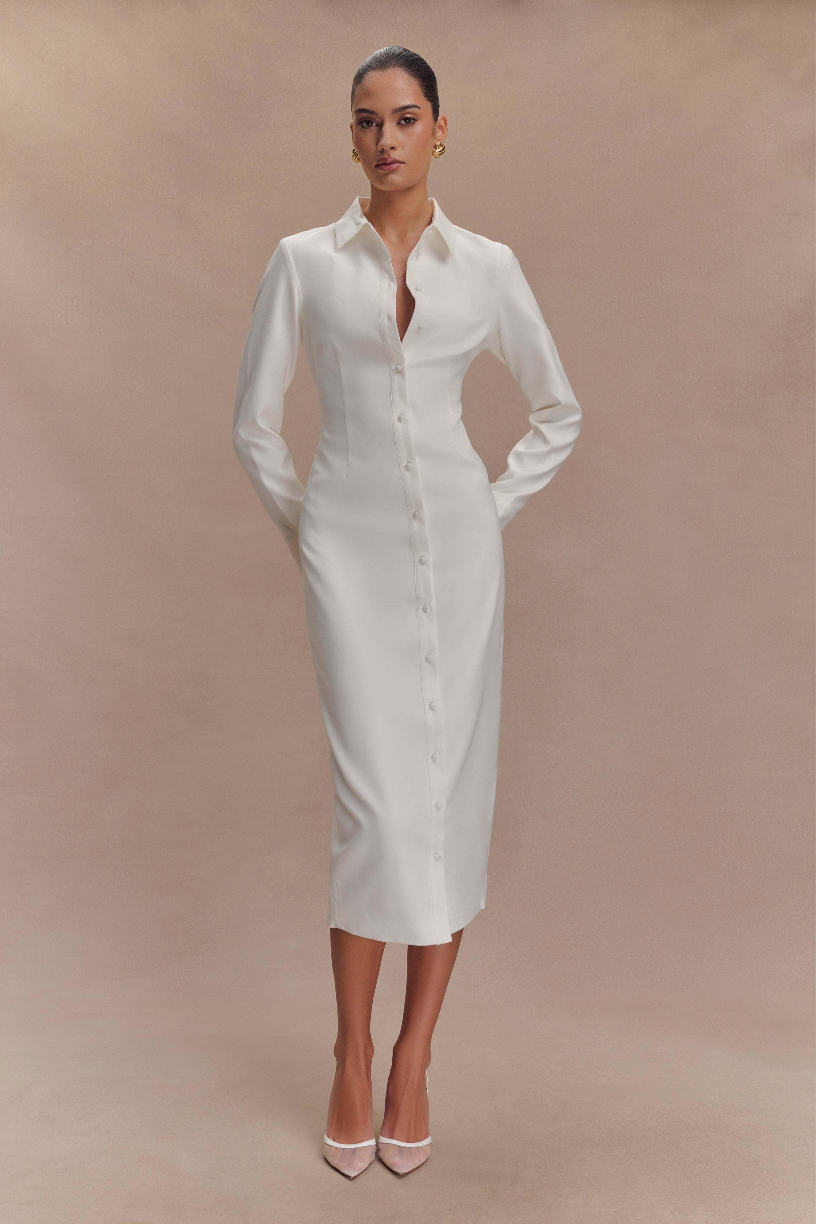 Dorian Fitted Shirt Midi Dress - White、mySite、solidvoid