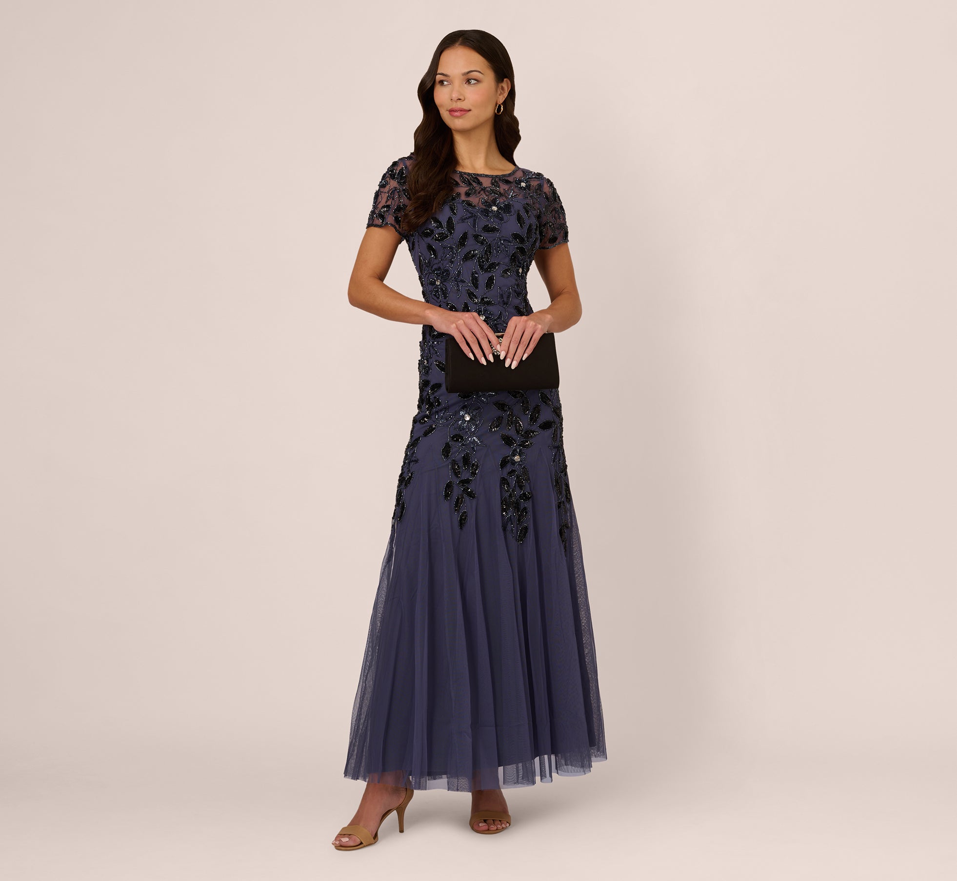 Hand Beaded Short Sleeve Floral Godet Gown In Smoky Peri、mySite、solidvoid