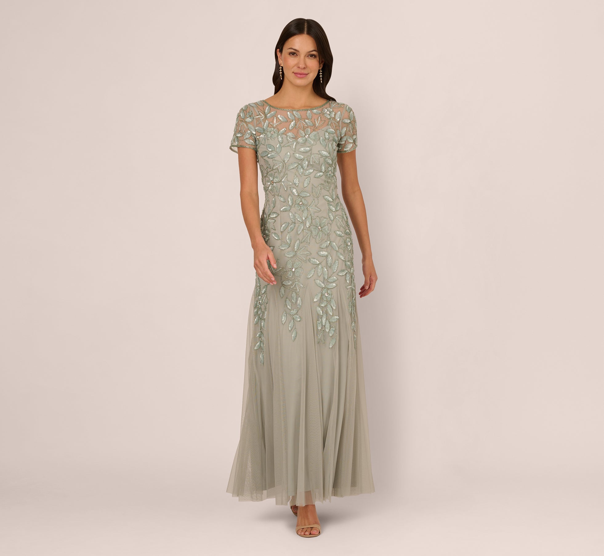 Hand Beaded Short Sleeve Floral Godet Gown In Frosted Sage、mySite、solidvoid