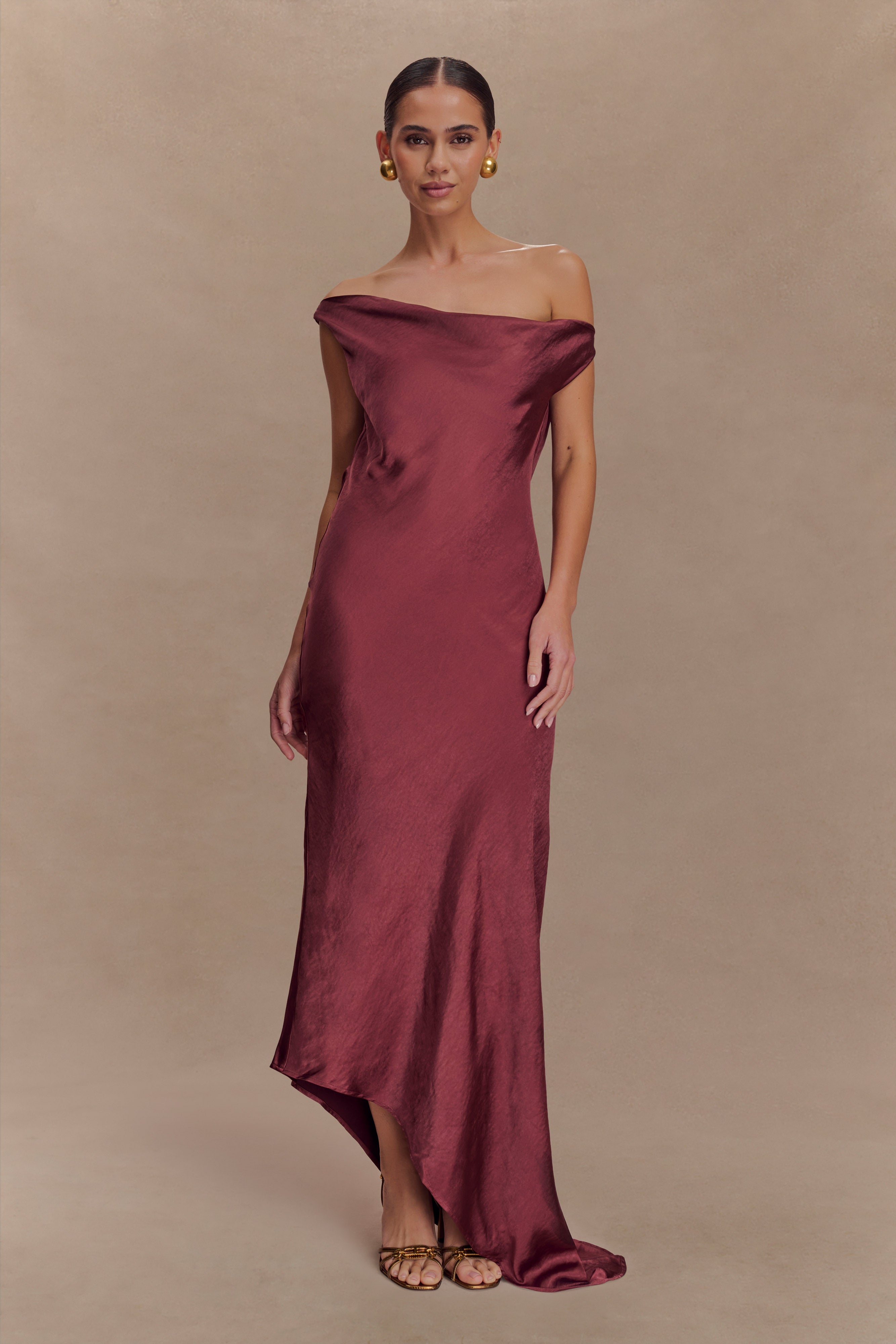 Yvette Slip Maxi Dress With Asymmetrical Hem - Brown Cherry、mySite、solidvoid