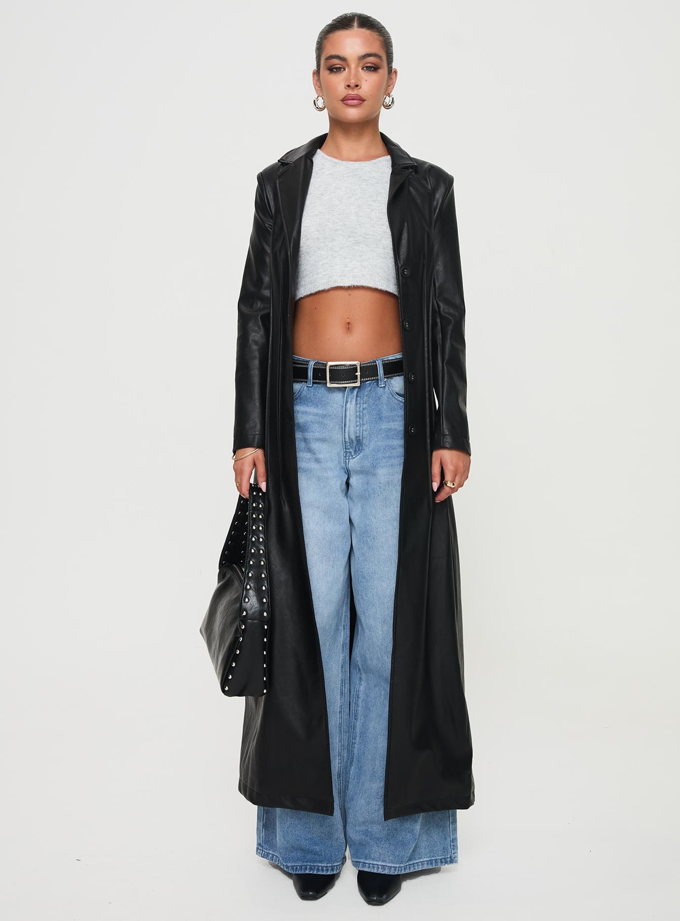 Speak Easy Long Line Faux Leather Coat Black、mySite、solidvoid