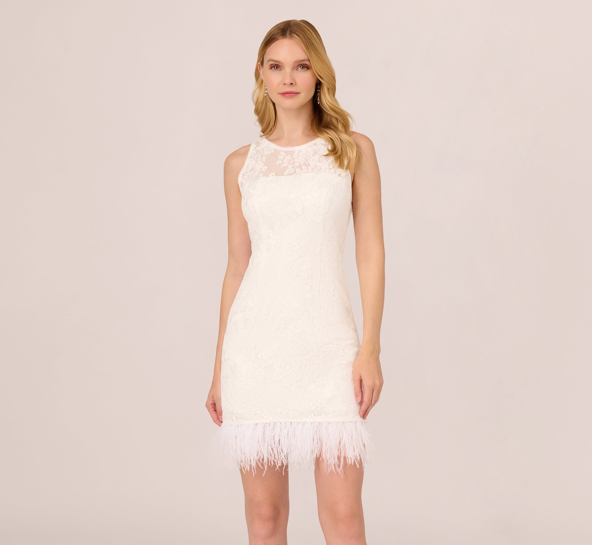 Sleeveless Floral Lace Dress With Feather Trim In Ivory、mySite、solidvoid