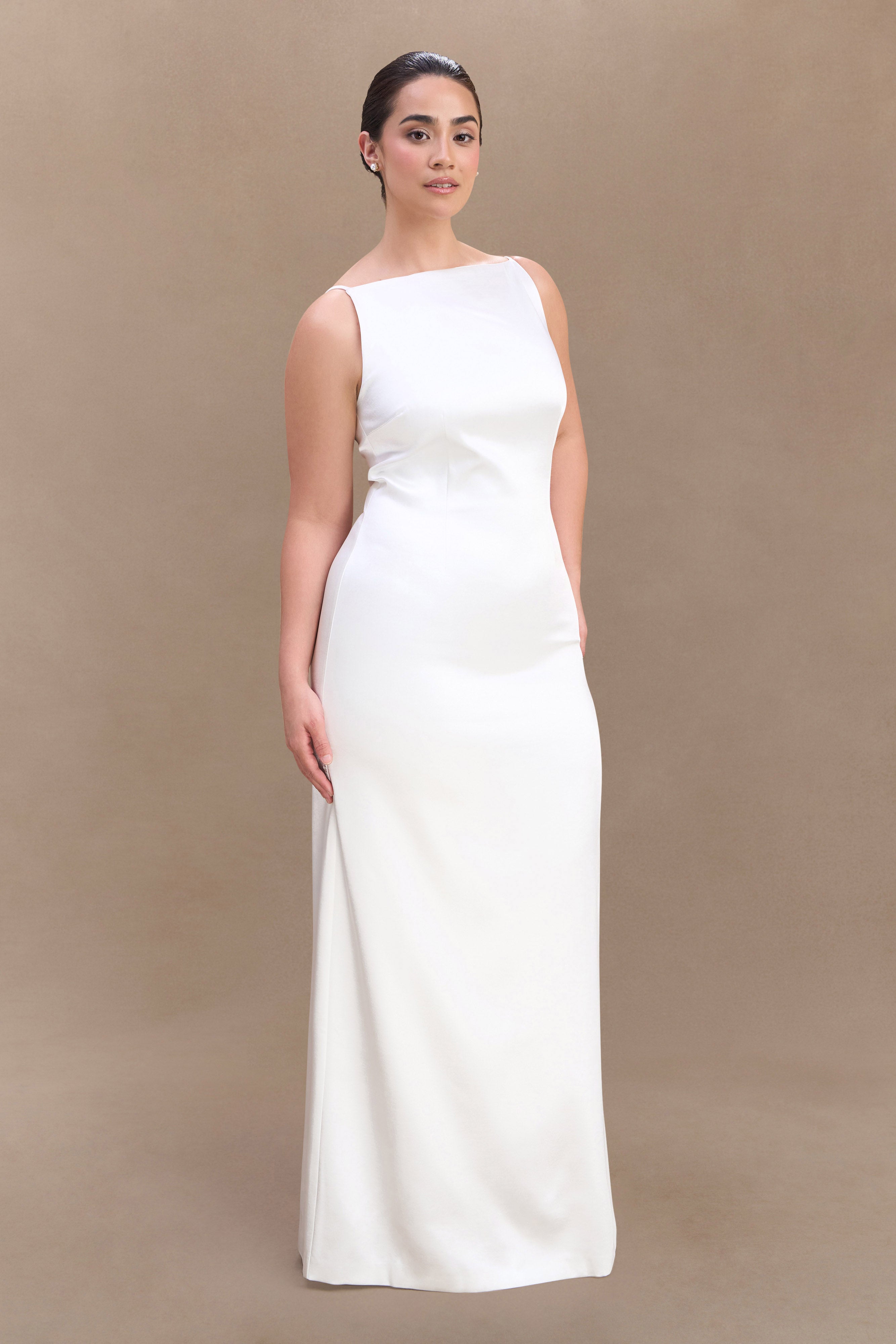Violet Sleeveless Satin Maxi Dress - White、mySite、solidvoid