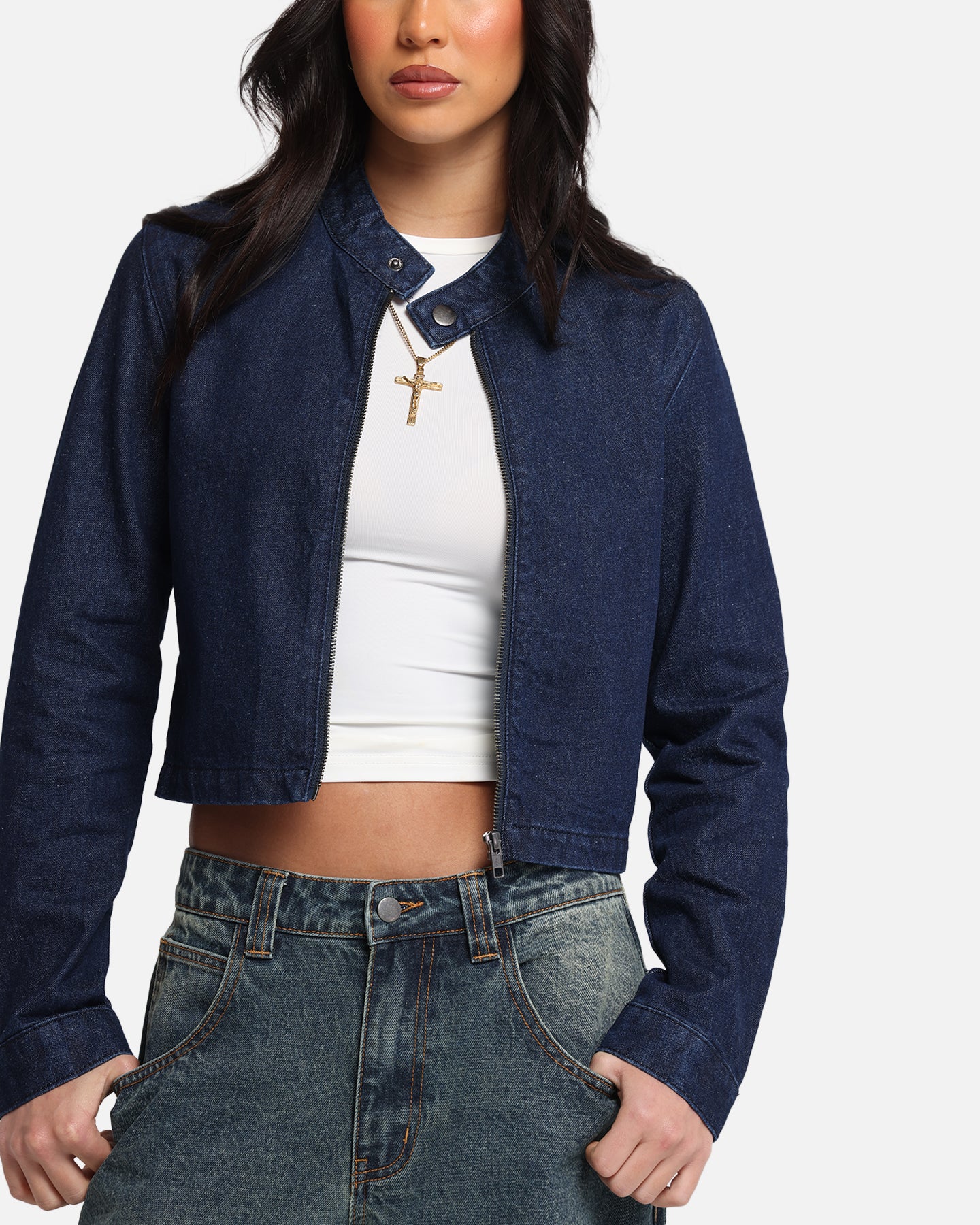 Ed Hardy Women's Cropped Denim Biker Jacket Indigo Denim、mySite、zt4zffjzw