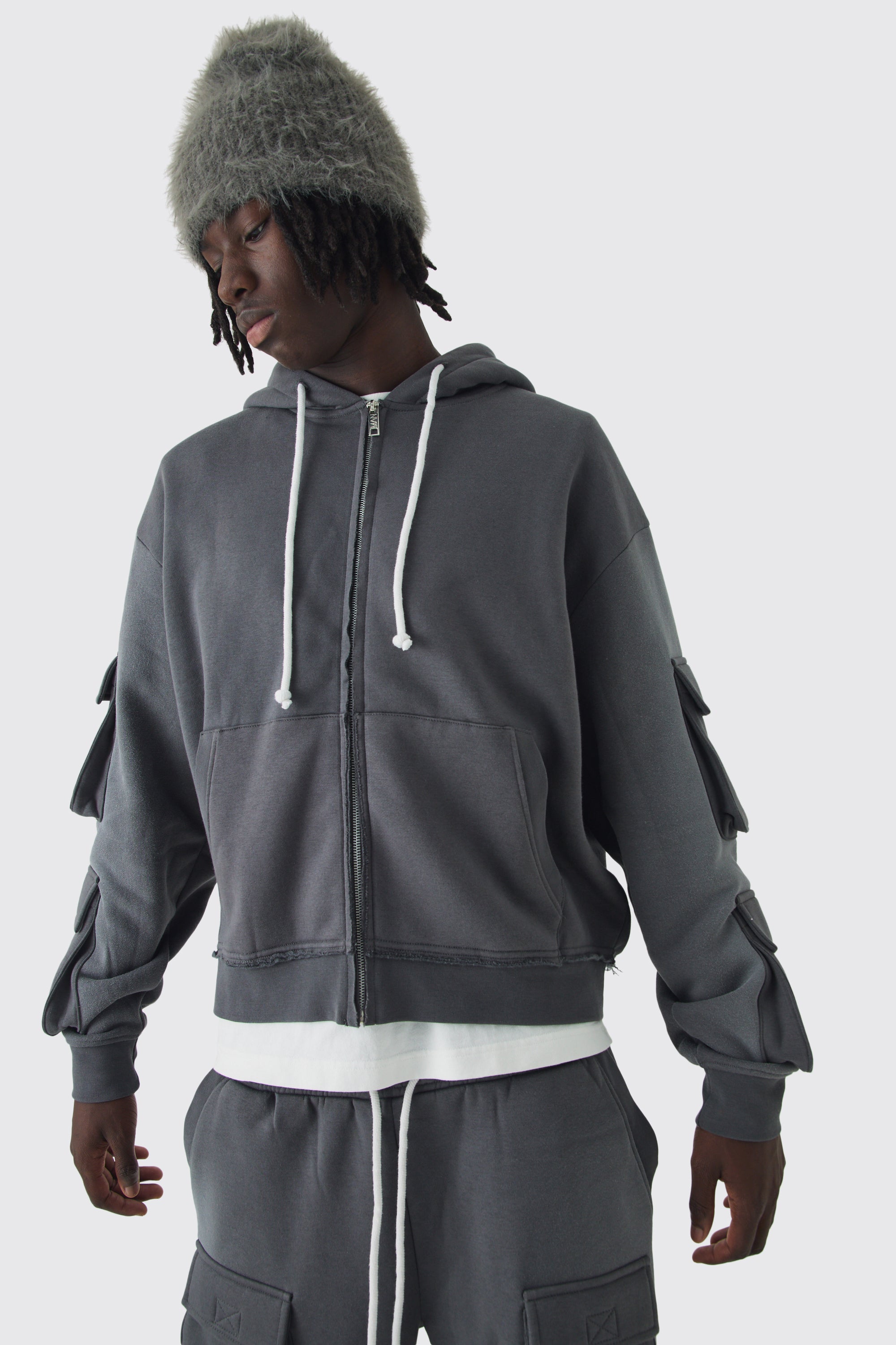  Boohooman Oversized Boxy Utility Zip Through Brushback Hoodie Charcoal、mySite、justintrudeaud