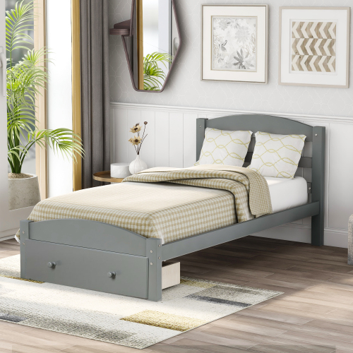 Platform Twin Bed Frame with Storage Drawer and Wood Slat Support No Box Spring Needed, White、、casual
