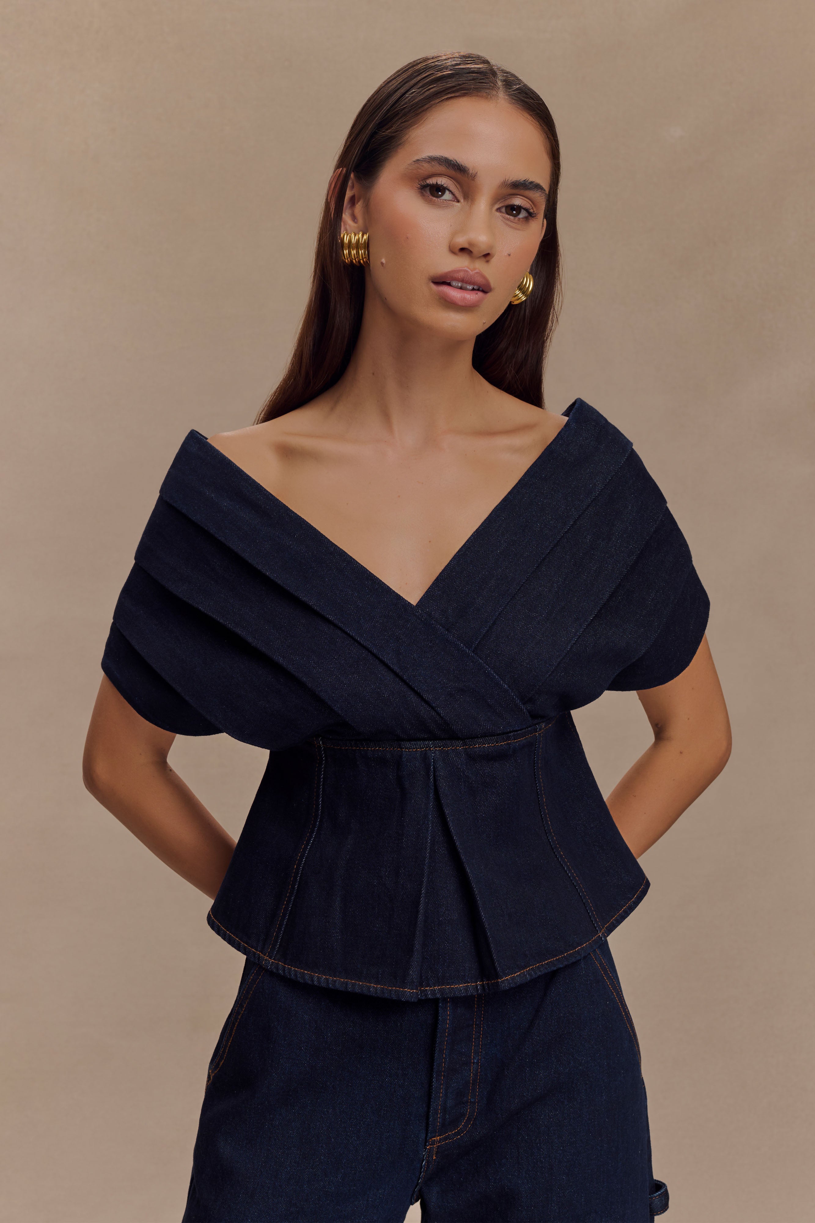 Rayne Off Shoulder Denim Top - Indigo Blue、mySite、solidvoid