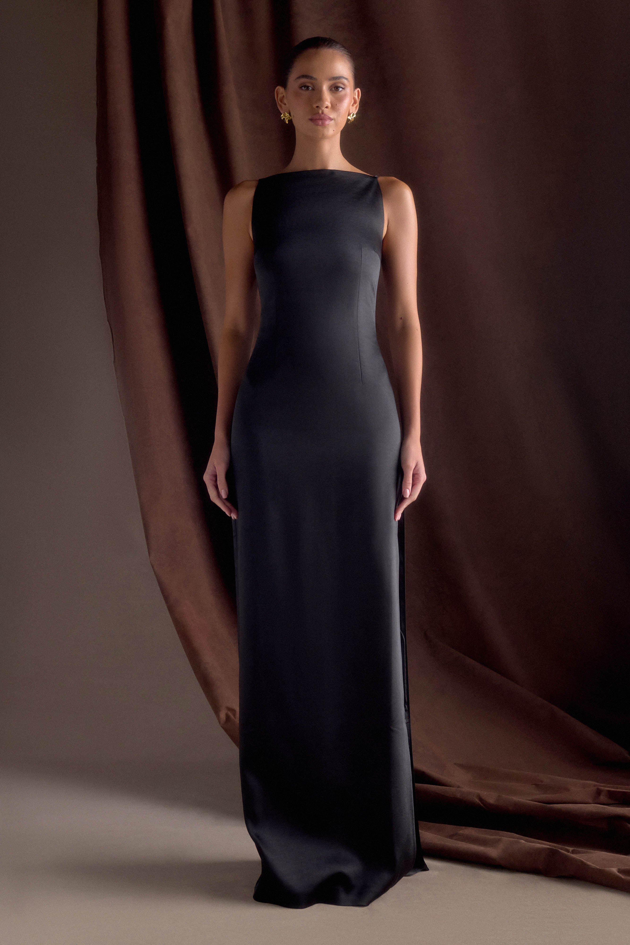 Violet Sleeveless Satin Maxi Dress - Black、mySite、solidvoid