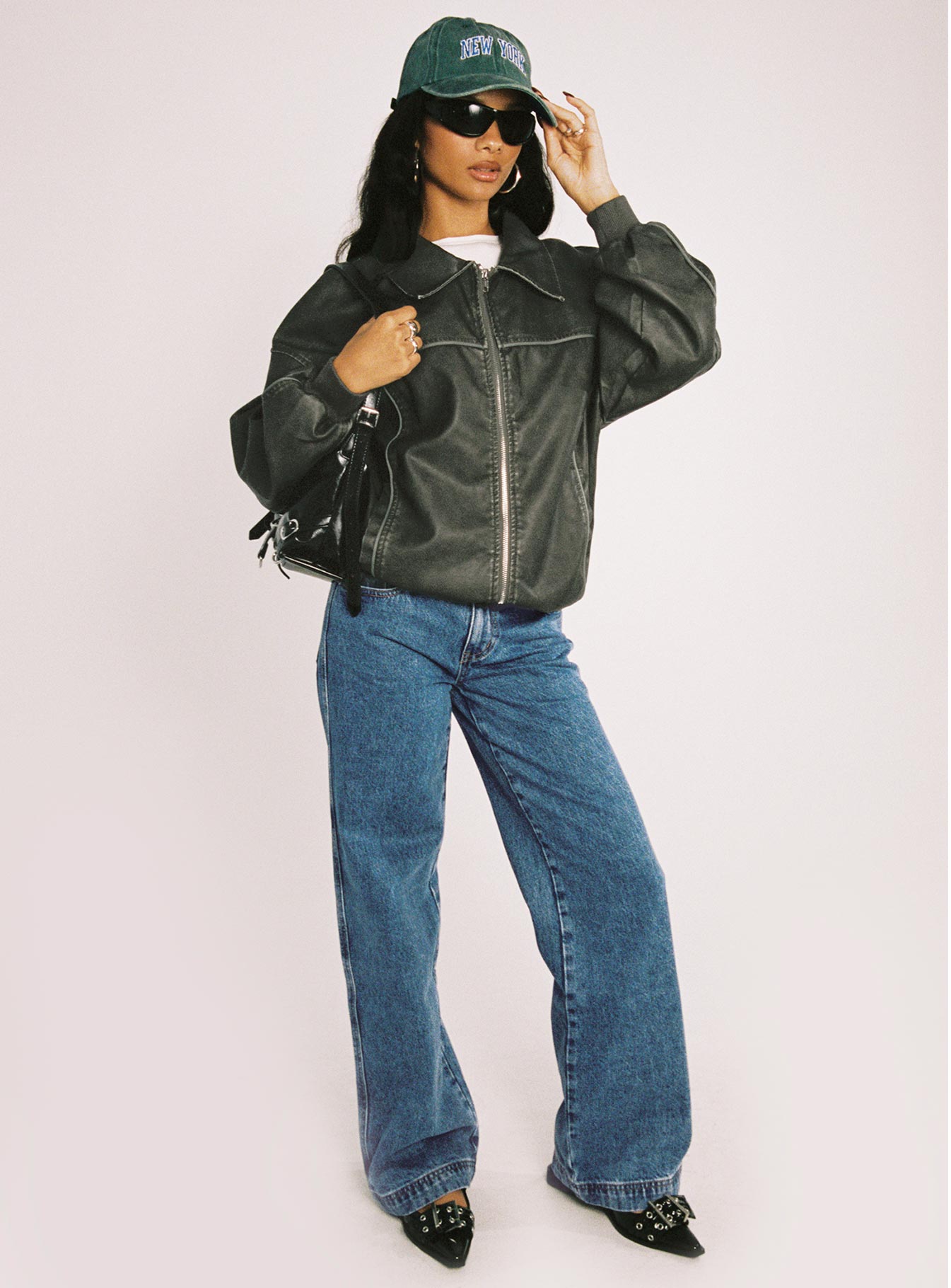 Goldsmith Faux Leather Bomber Jacket Washed Forest、mySite、solidvoid