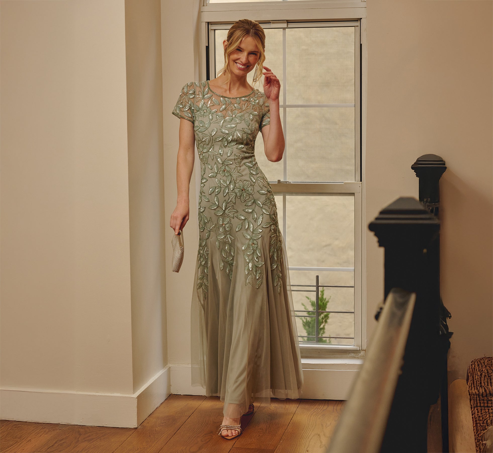 Hand Beaded Short Sleeve Floral Godet Gown In Frosted Sage、mySite、solidvoid