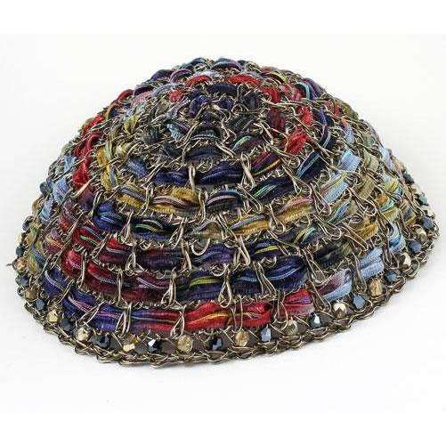 Studio Jere Vintage Bronze Wire Kippot with Ribbon in Deep Shades of Blue, Red, and Green、mySite、topwebapps