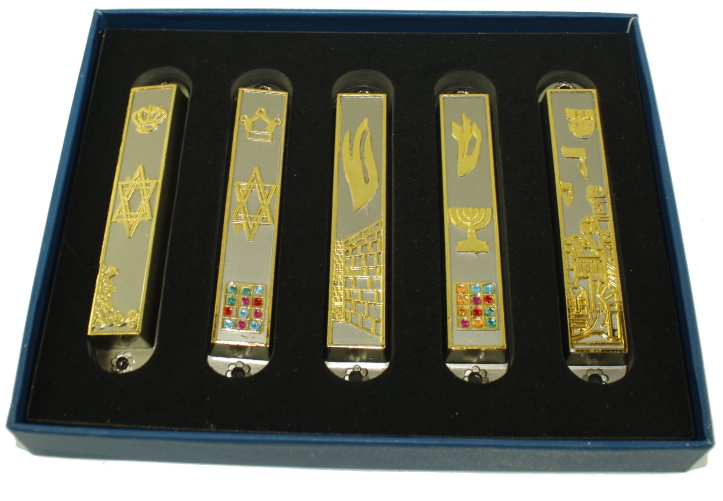 A Set of 5 Pewter Clean and Smooth Cut and Gold Plated Mezuzahs Symbols with Different enameled Themes. Each is About 3.5 Inches and Comes with Scrolls and Screws for Hanging、mySite、topwebapps