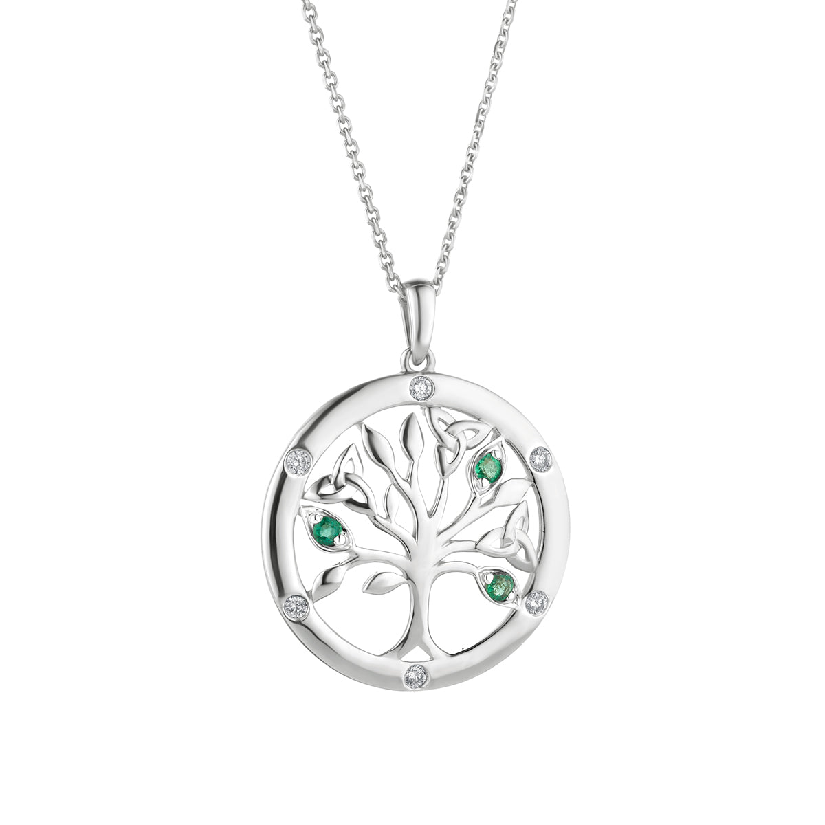  White Gold Flush Set Diamond & Emerald Tree Of Life Necklace