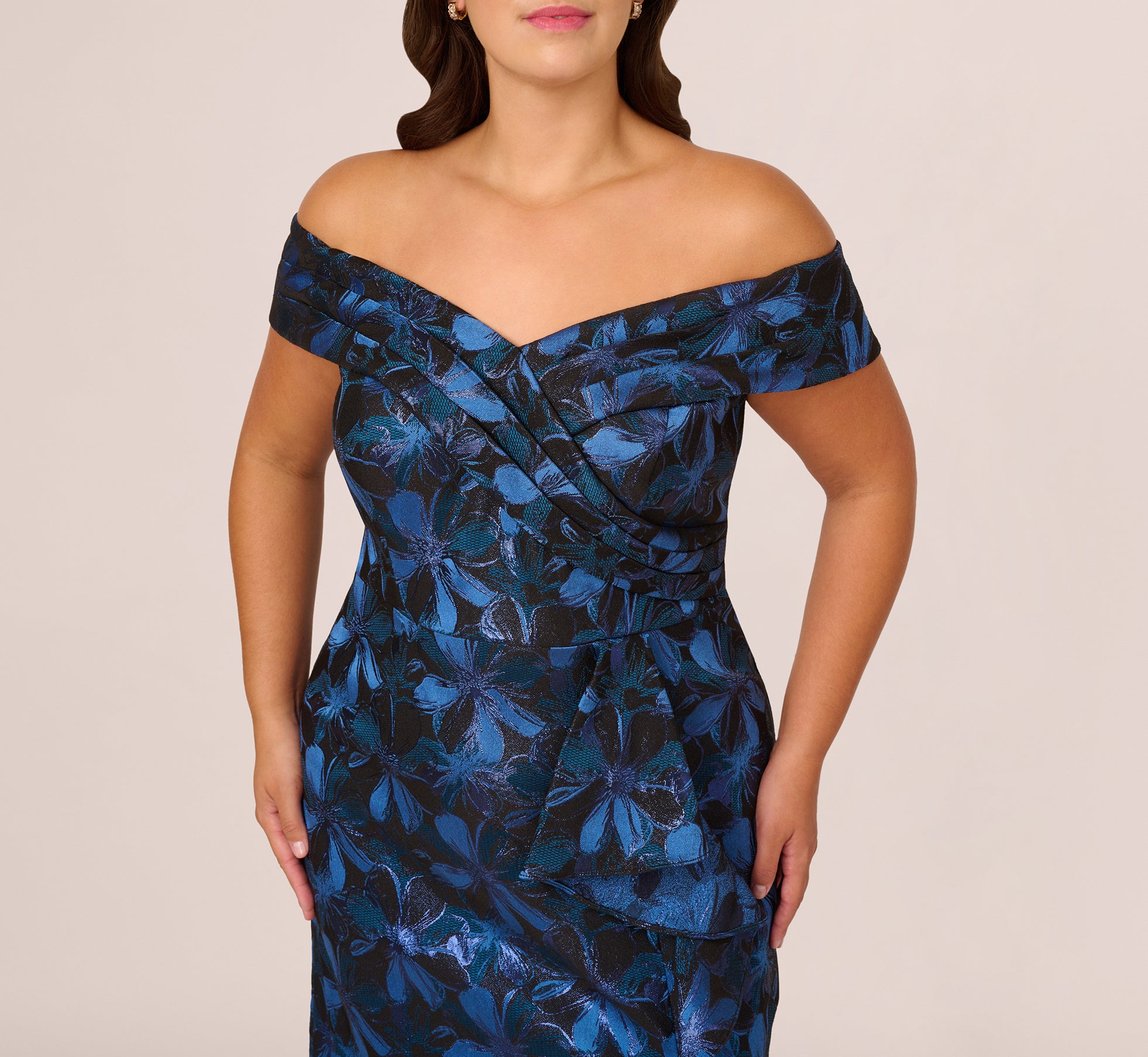 Plus Size Off Shoulder Jacquard Gown In Blue Multi、mySite、solidvoid