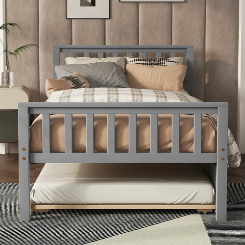 Twin Bed with Trundle, Platform Bed Frame with Headboard and Footboard, for Bedroom Small Living Space,No Box Spring Needed,White(New SKU:W504P148532)、、casual