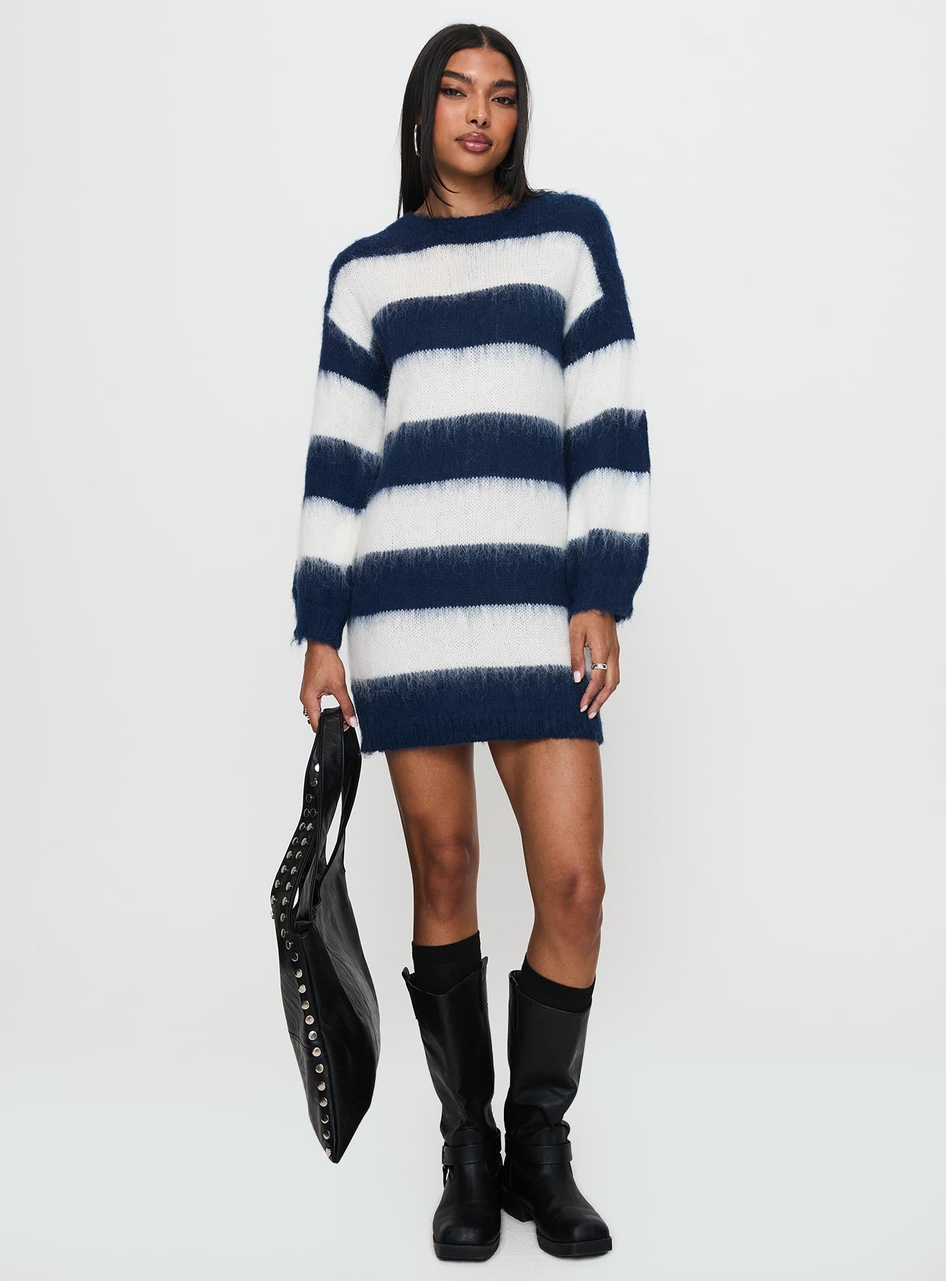 Iryna Long Sleeve Knit Mini Dress Navy / White Stripe、mySite、solidvoid