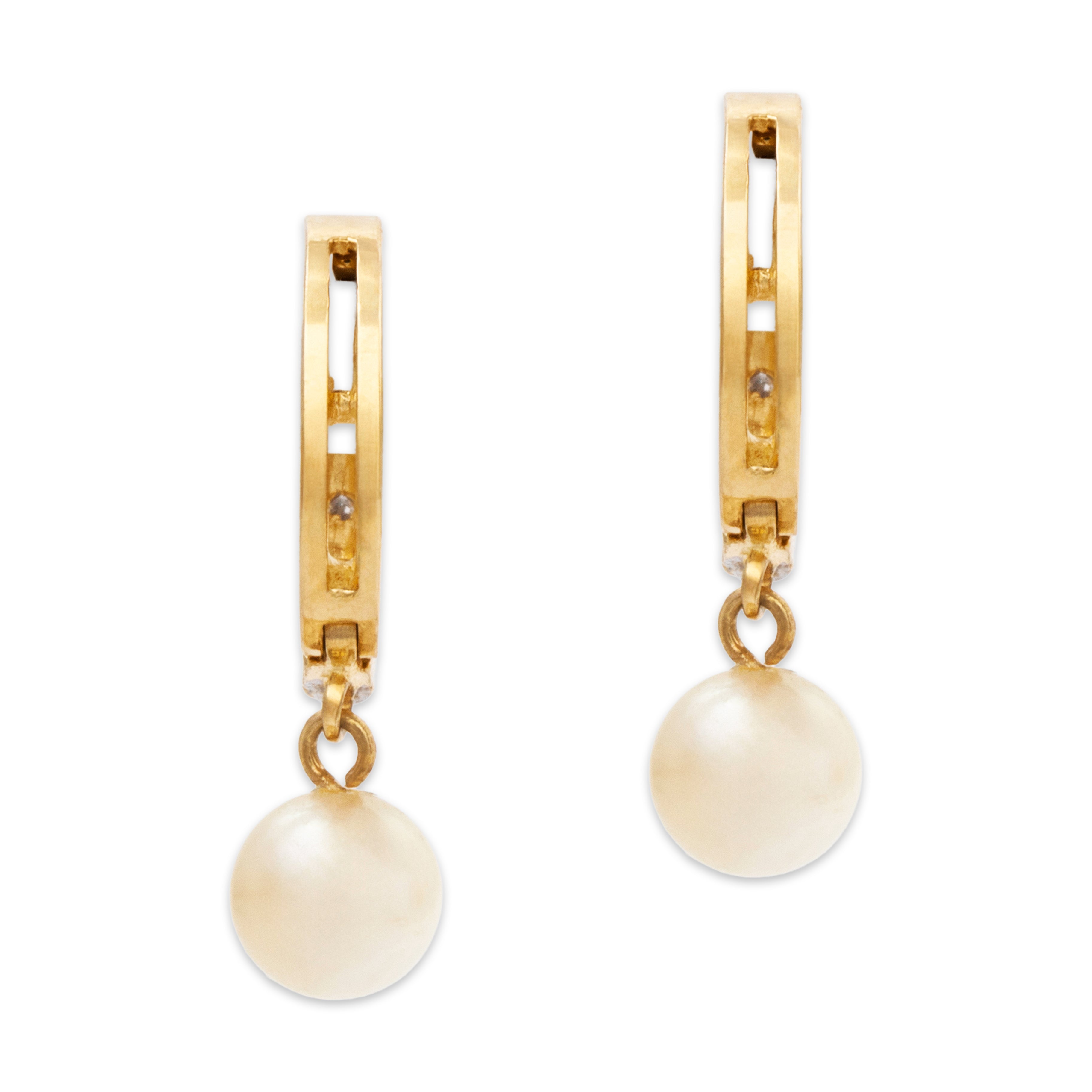 Vintage 14k Yellow Gold Diamond Pearl Lustrous Dangle Huggie Earrings、mySite、hinf8tx79