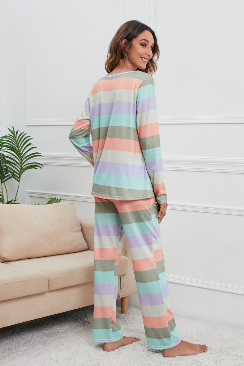  Striped Round Neck Long Sleeve Top and Drawstring Pants Lounge Set、mySite、justintrudeaud