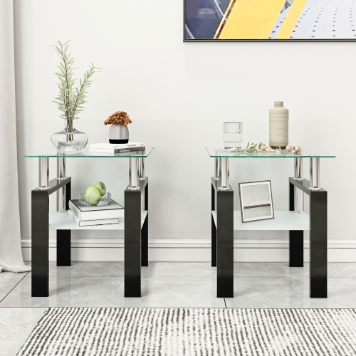 Set of 2, Modern Tempered Glass Tea Table Coffee Table End Table, Square Table for Living Room, Transparent/White、、casual