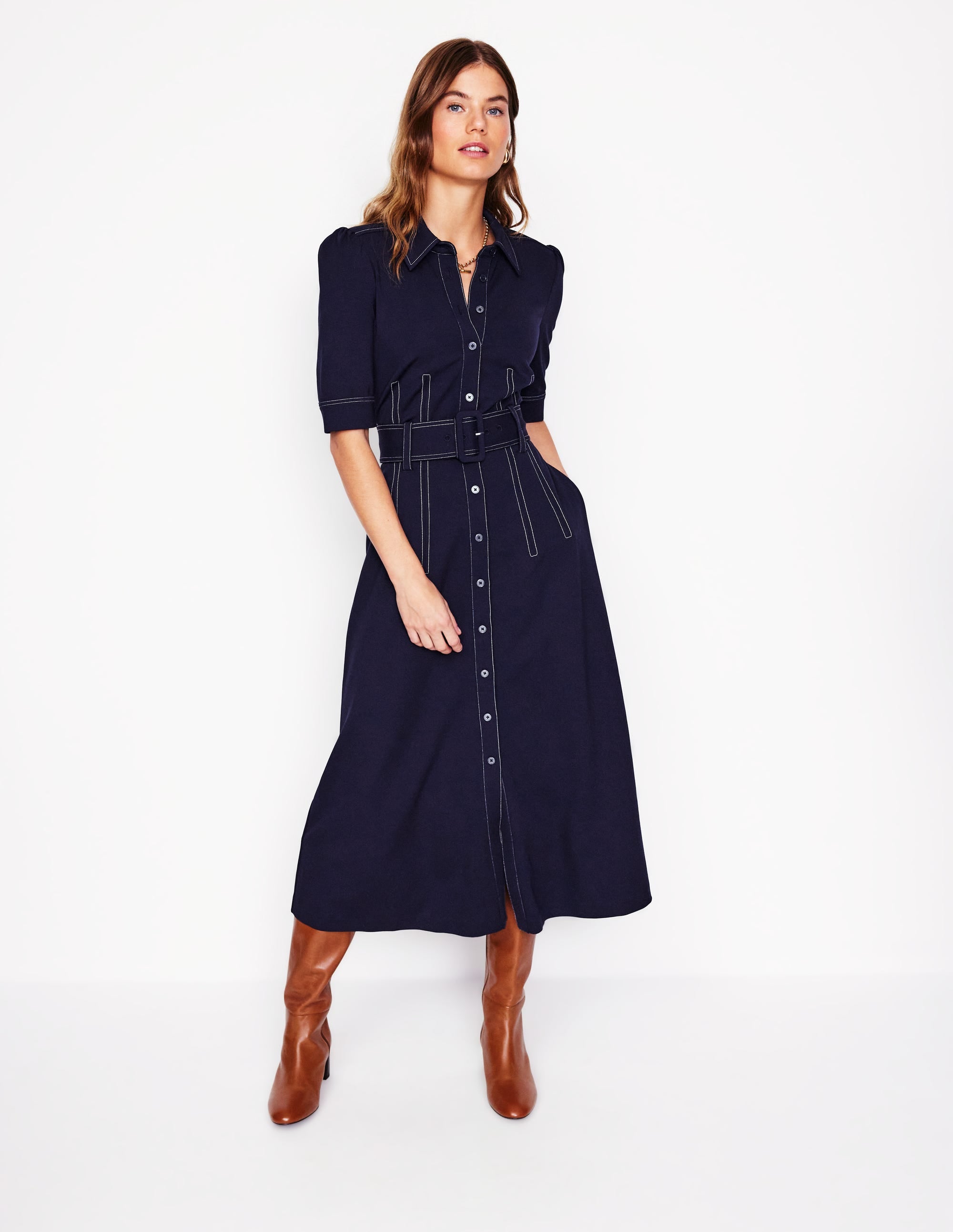  Belted Ponte Shirt Dress-Navy、mySite、ashleygrahame
